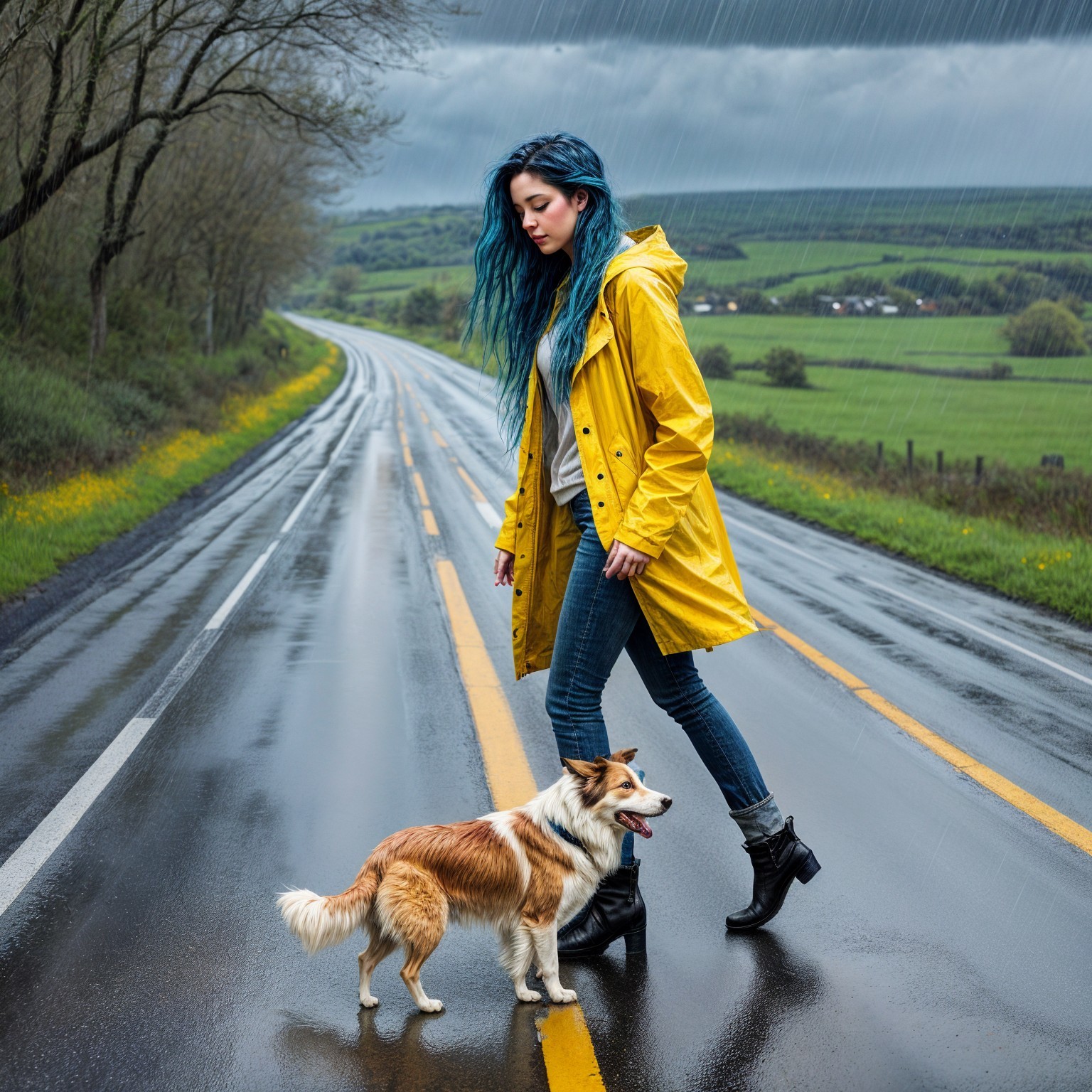 Woman in yellow raincoat walks dog on rainy road