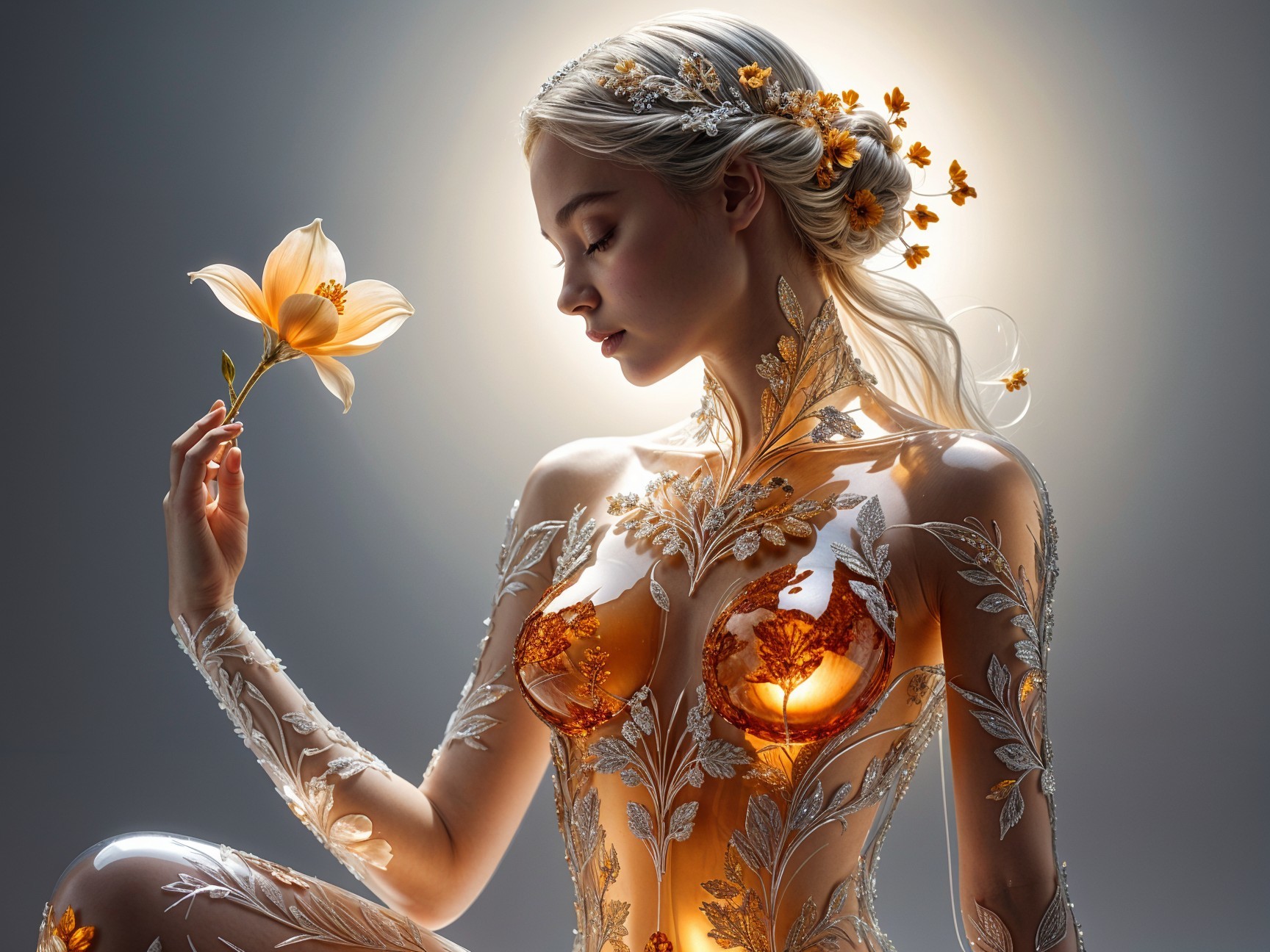 Elegant Woman with Floral Patterns and Golden Glow
