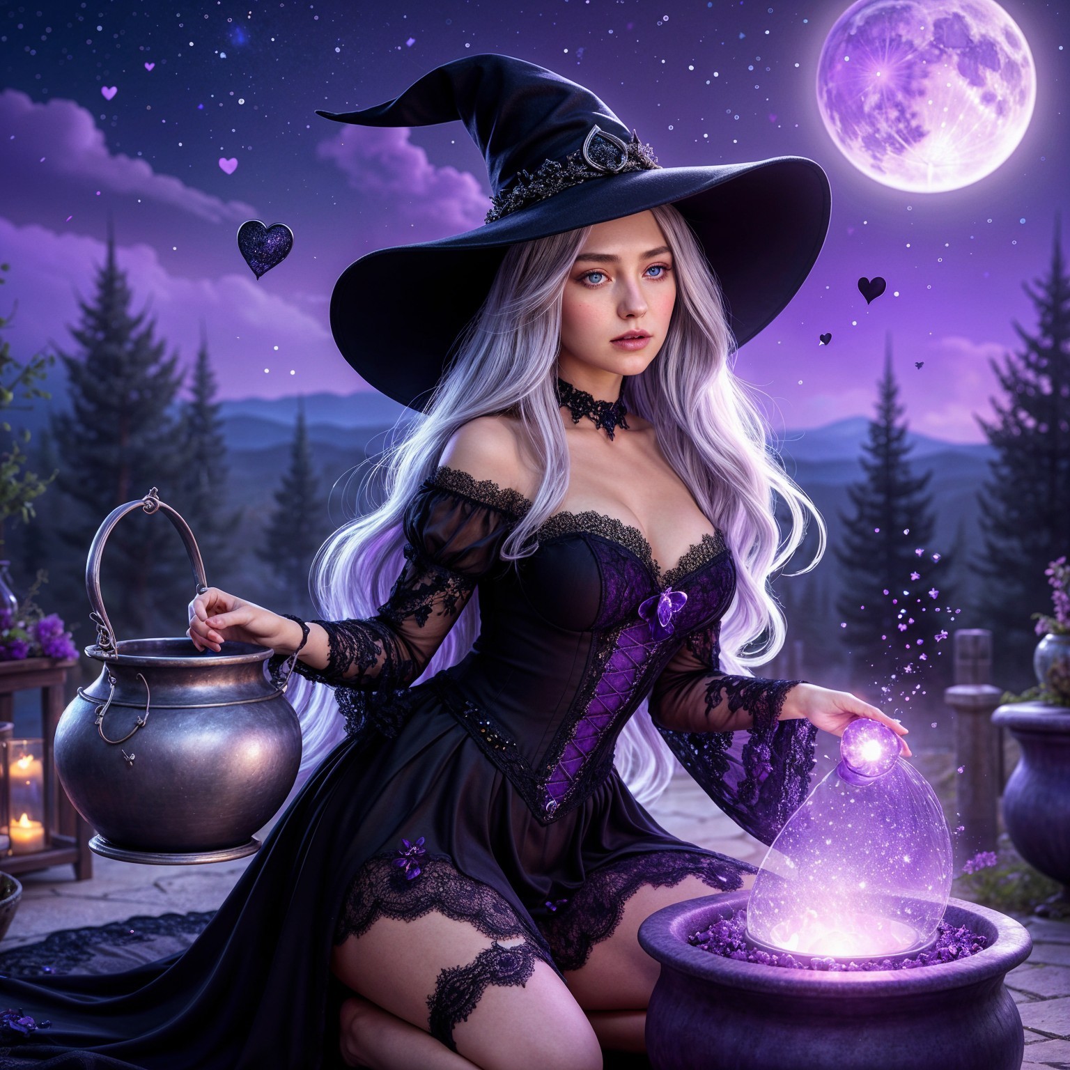 Mystical Witch Stirring Cauldron Under Moonlit Sky