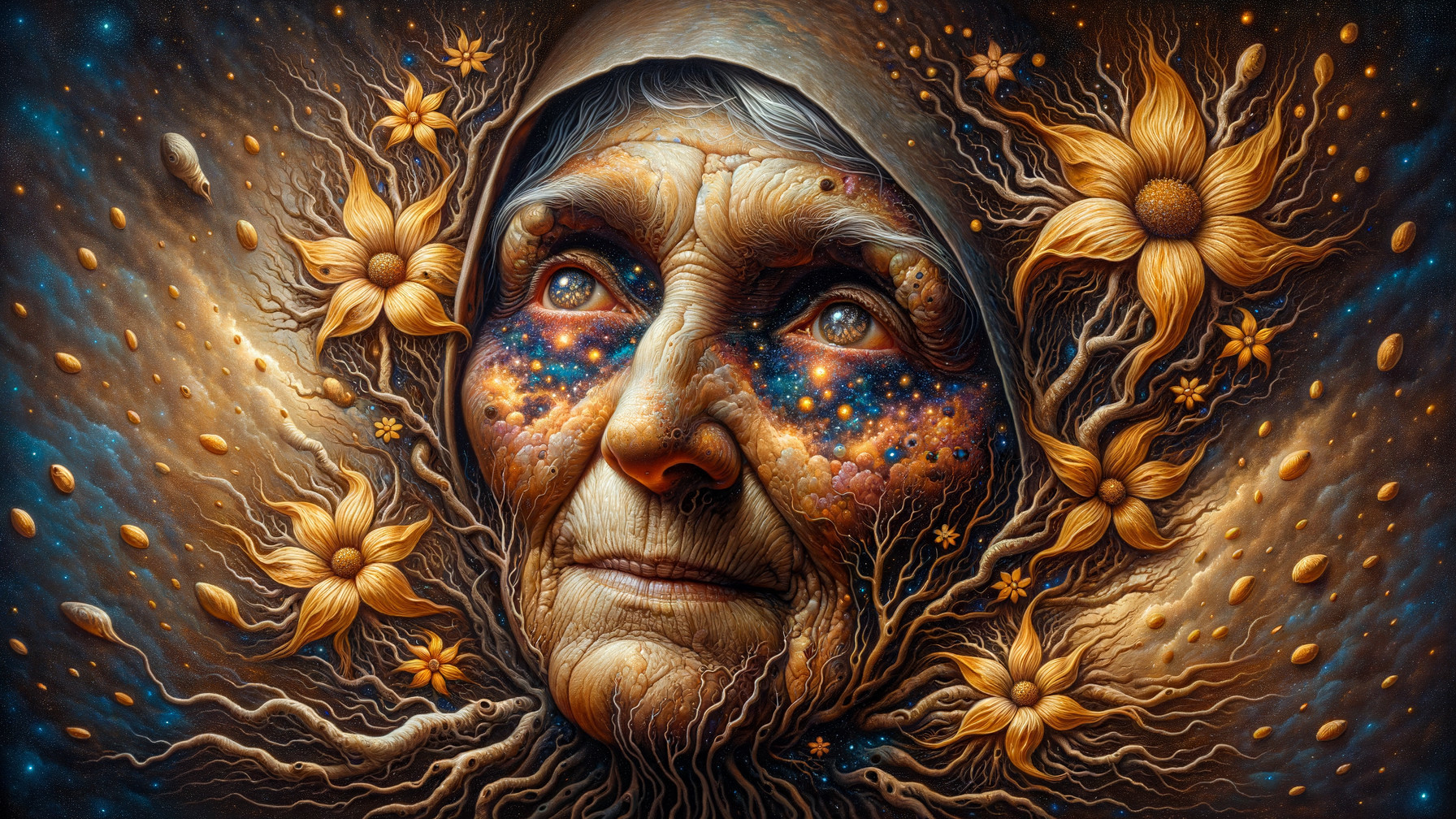 Elderly Woman Surrounded by Cosmic Elements and Flowers