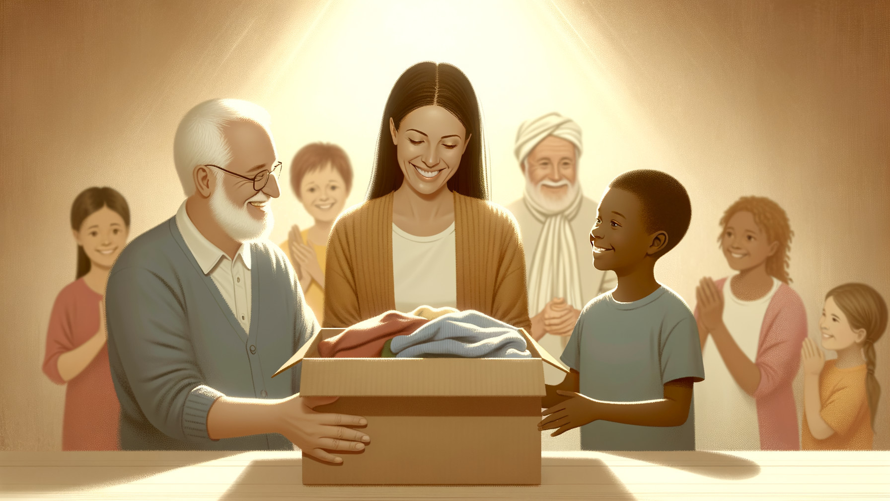 Community Gathering Around a Box of Donated Clothes
