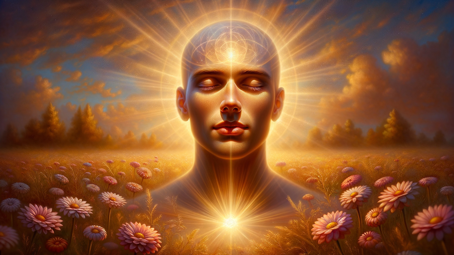 Serene Figure in Vibrant Daisy Field with Ethereal Glow