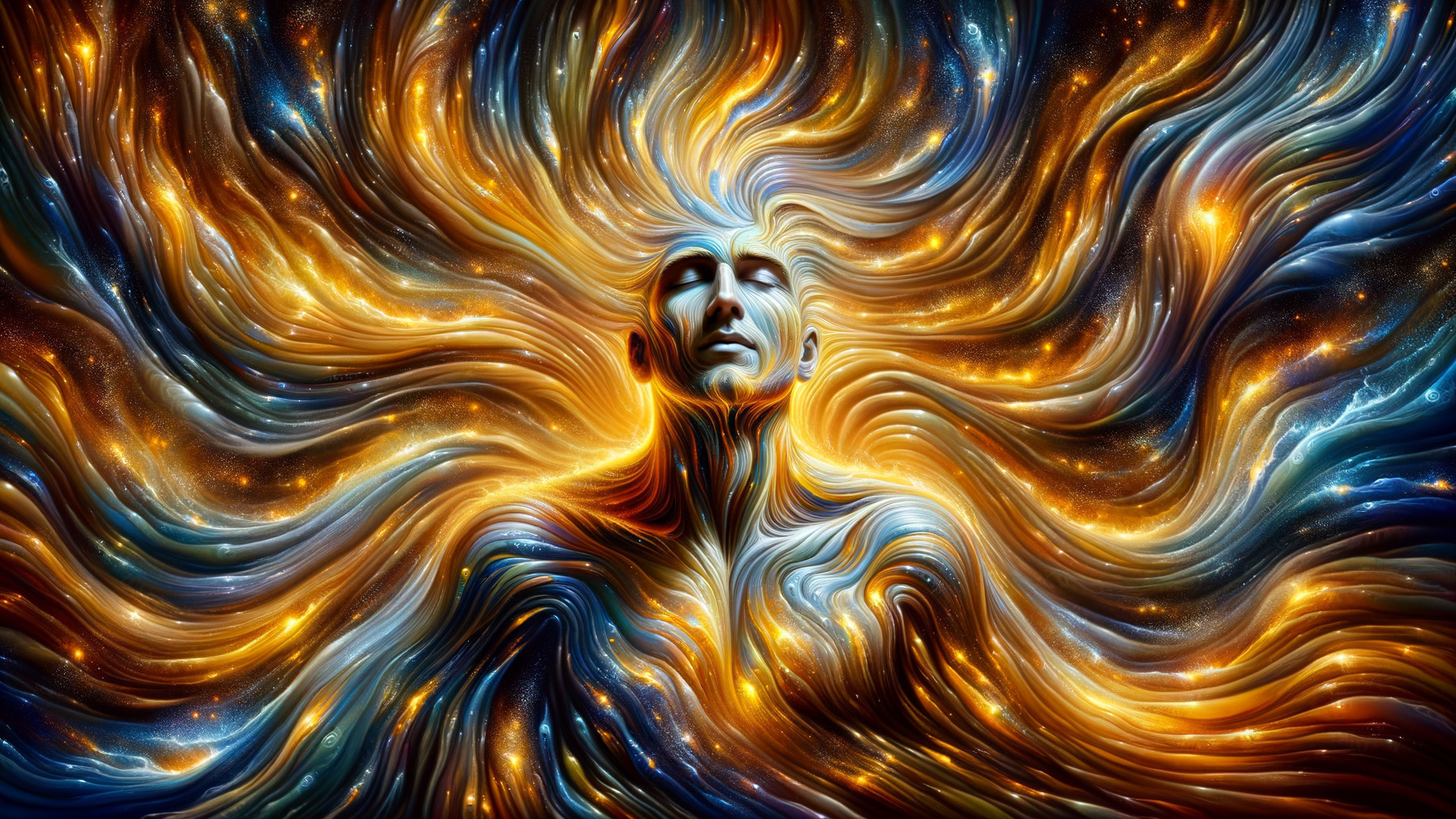 Serene Figure Surrounded by Vibrant Color Streams