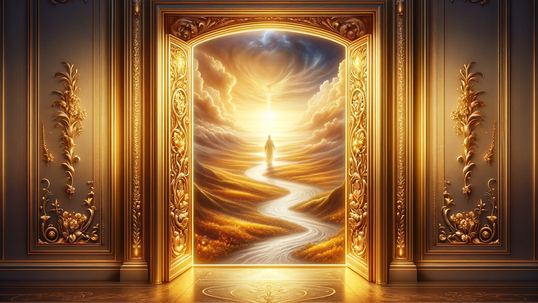 Ornate Gold Doorway Opens to Vibrant Landscape Scene