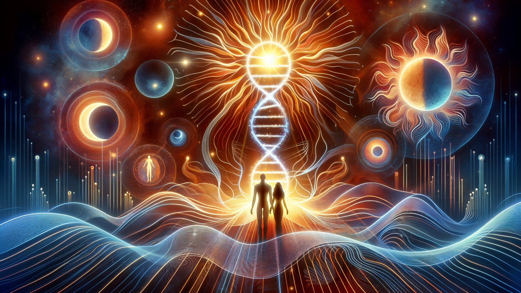 Cosmic Scene with DNA Strands and Celestial Bodies