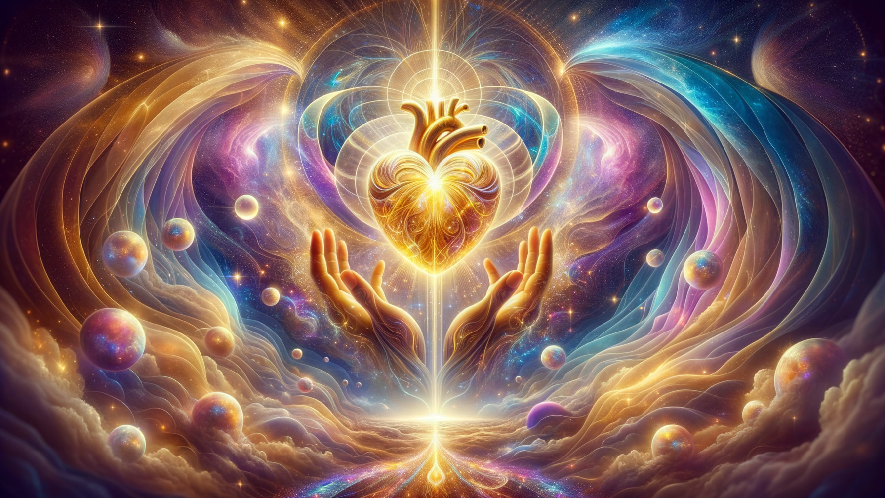 Hands Cradling Radiant Heart in Cosmic Clouds