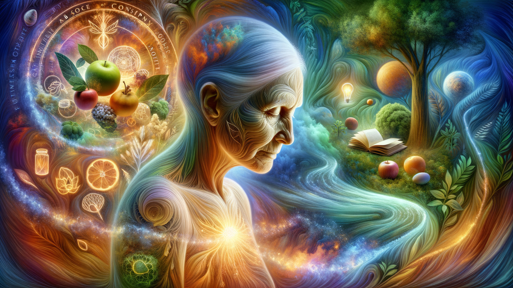Psychedelic Scene of Elderly Woman with Nature Symbols