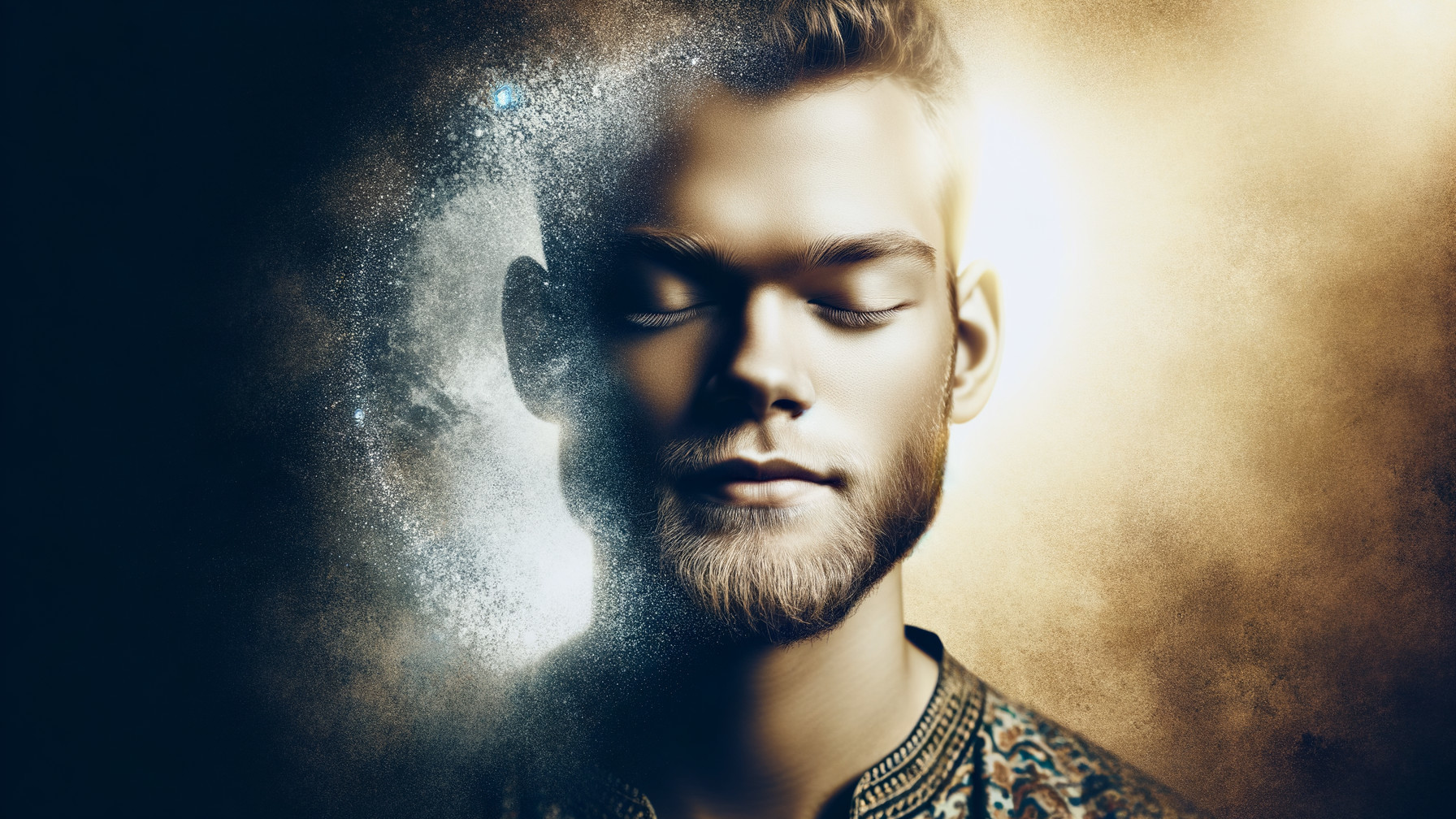 Serene Male Figure Against Cosmic Light and Shadow