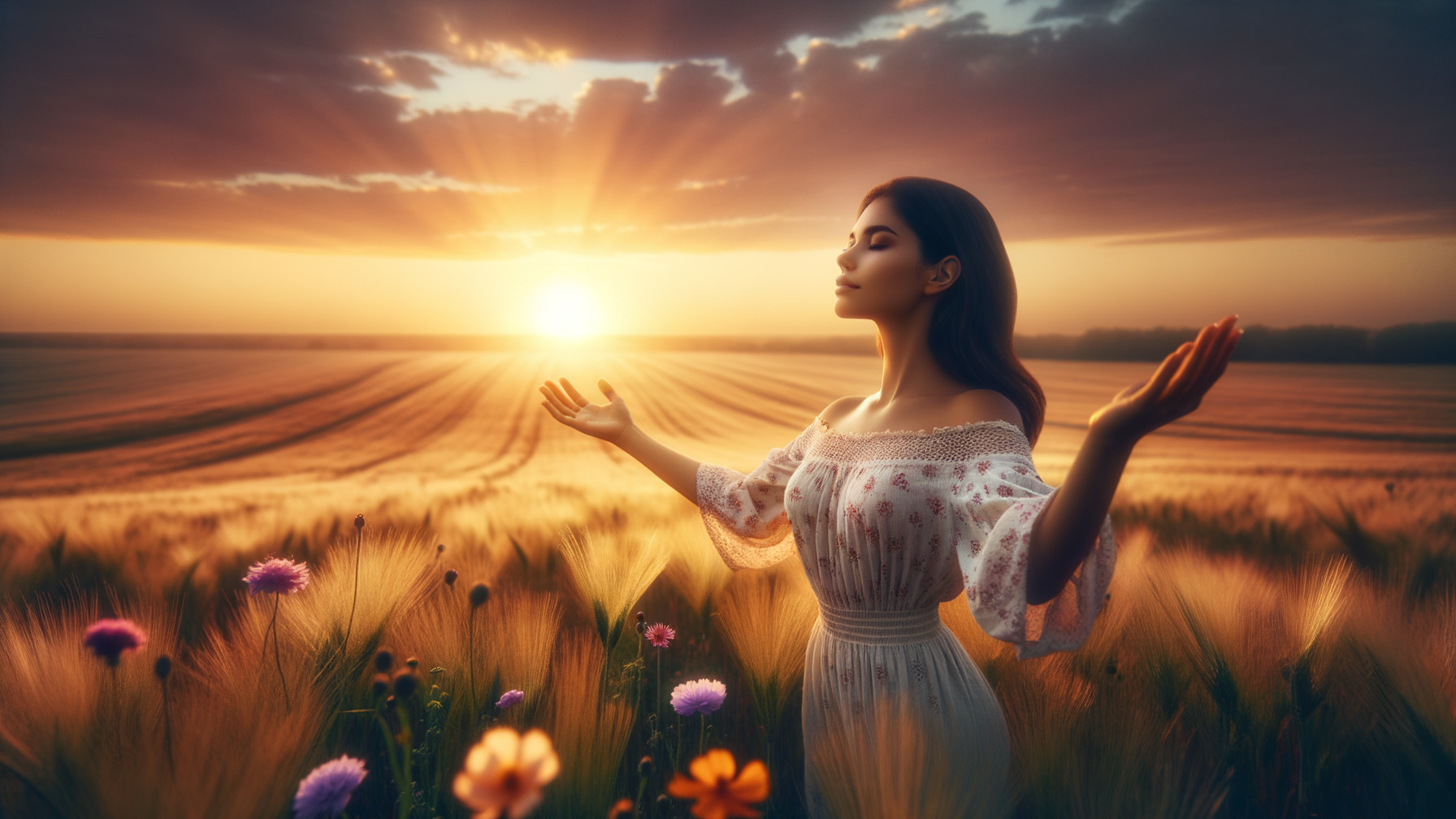 Woman in Wildflower Field at Golden Hour
