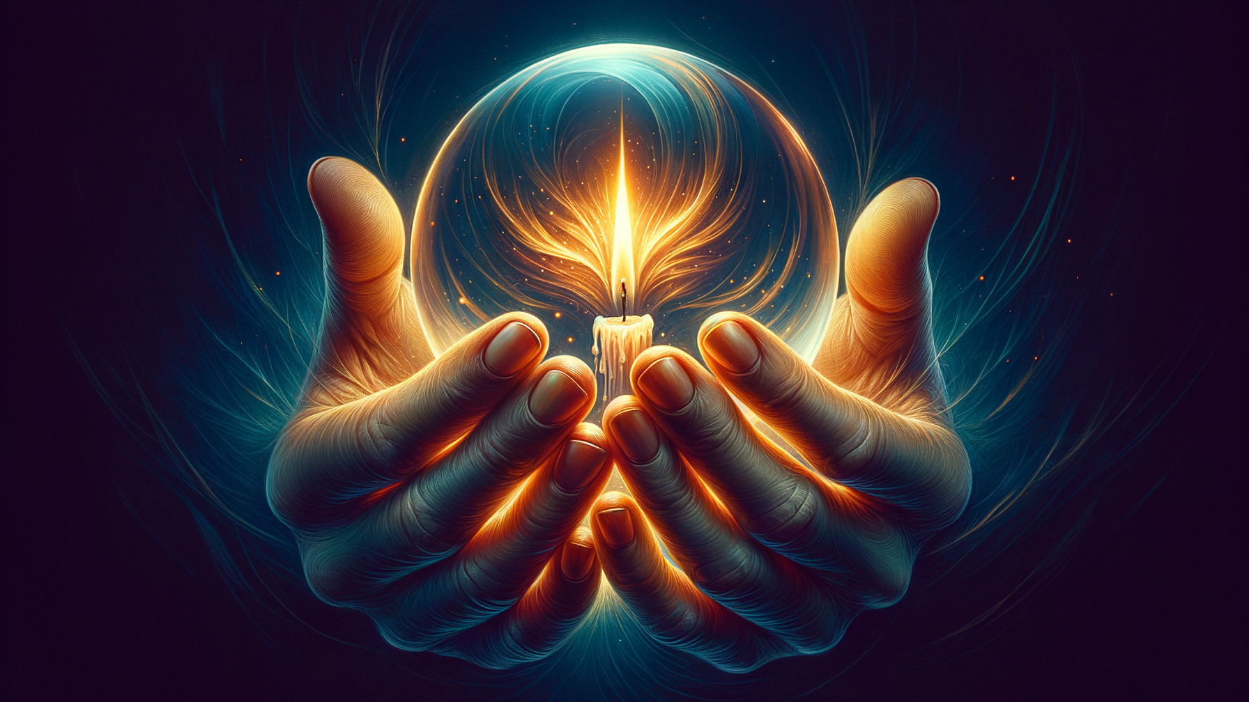 Hands Cradling a Glowing Orb with Flickering Candle