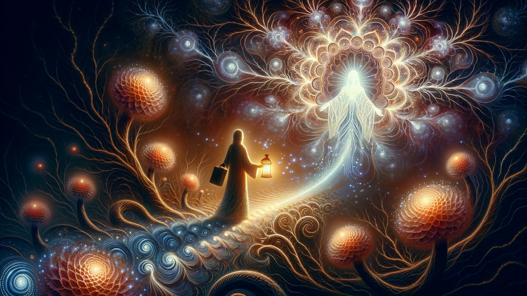 Mystical Scene with Lantern and Glowing Patterns