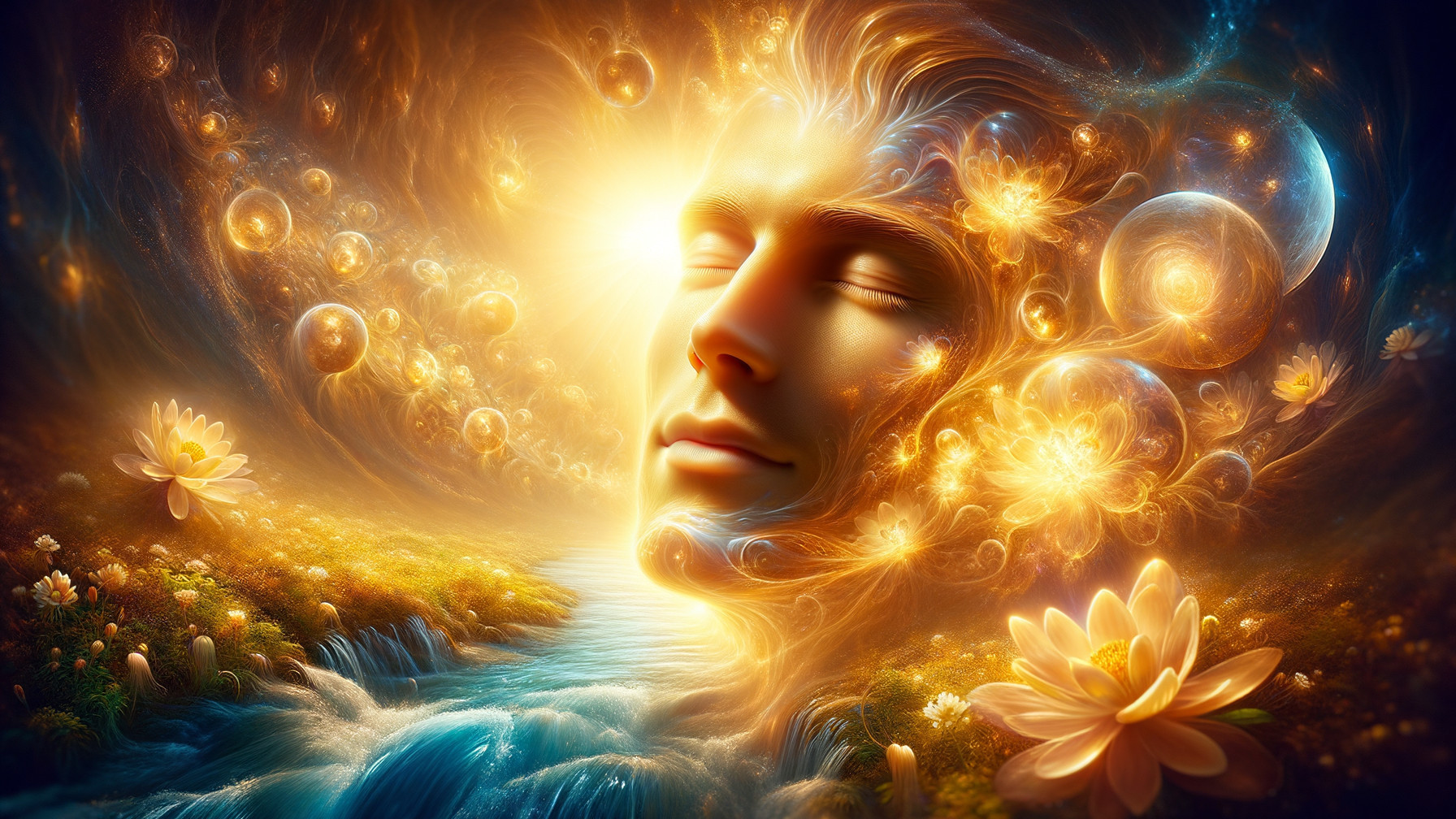 Golden-Hued Visage in a Dreamlike Landscape