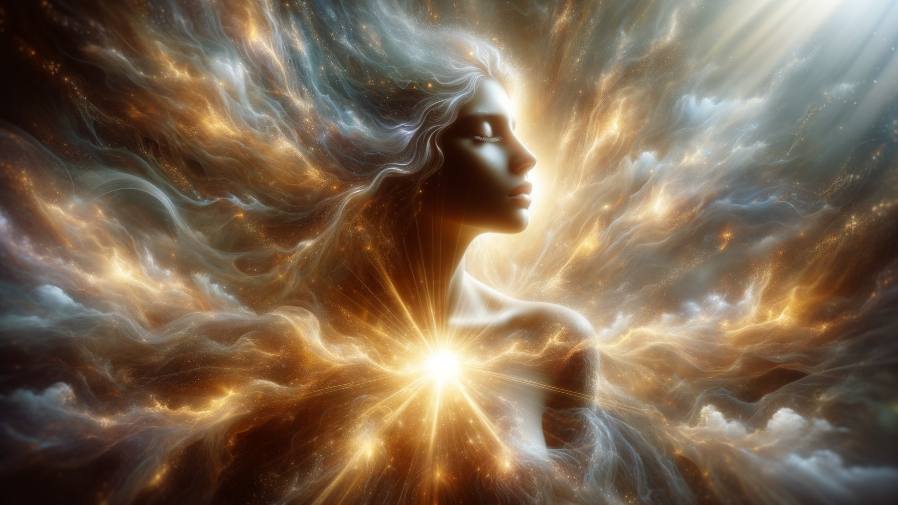 Cosmic Figure Surrounded by Ethereal Colors and Light
