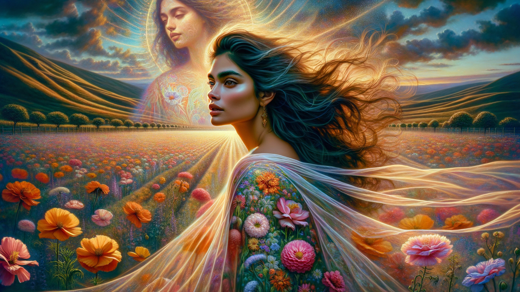 Young woman in floral attire in a vibrant landscape