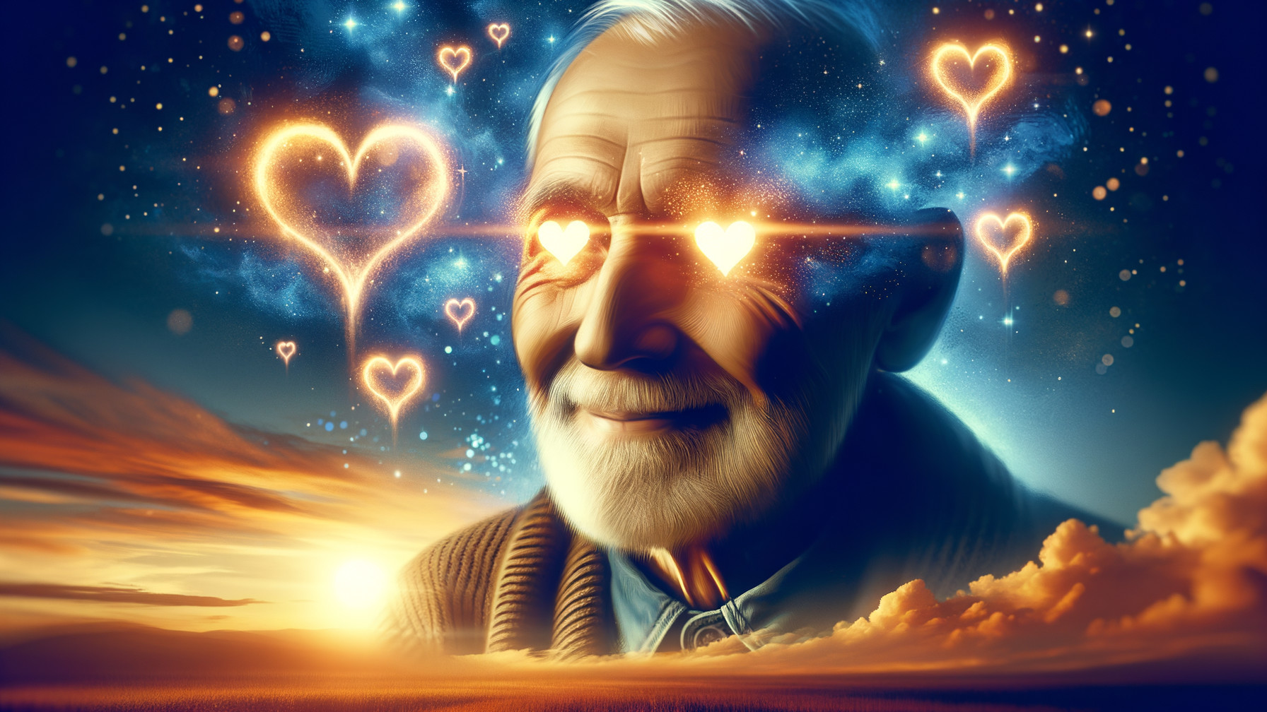 Elderly Man with Heart-Shaped Eyes in Cosmic Scene