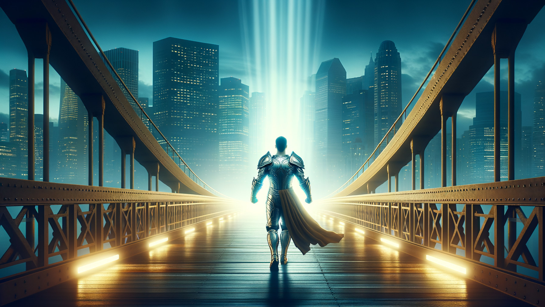 Superhero on Luminous Bridge Over Glowing City Skyline