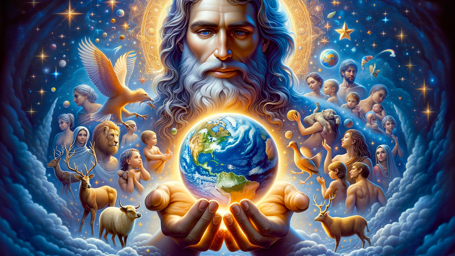 Mystical Figure with Earth Surrounded by Celestial Elements