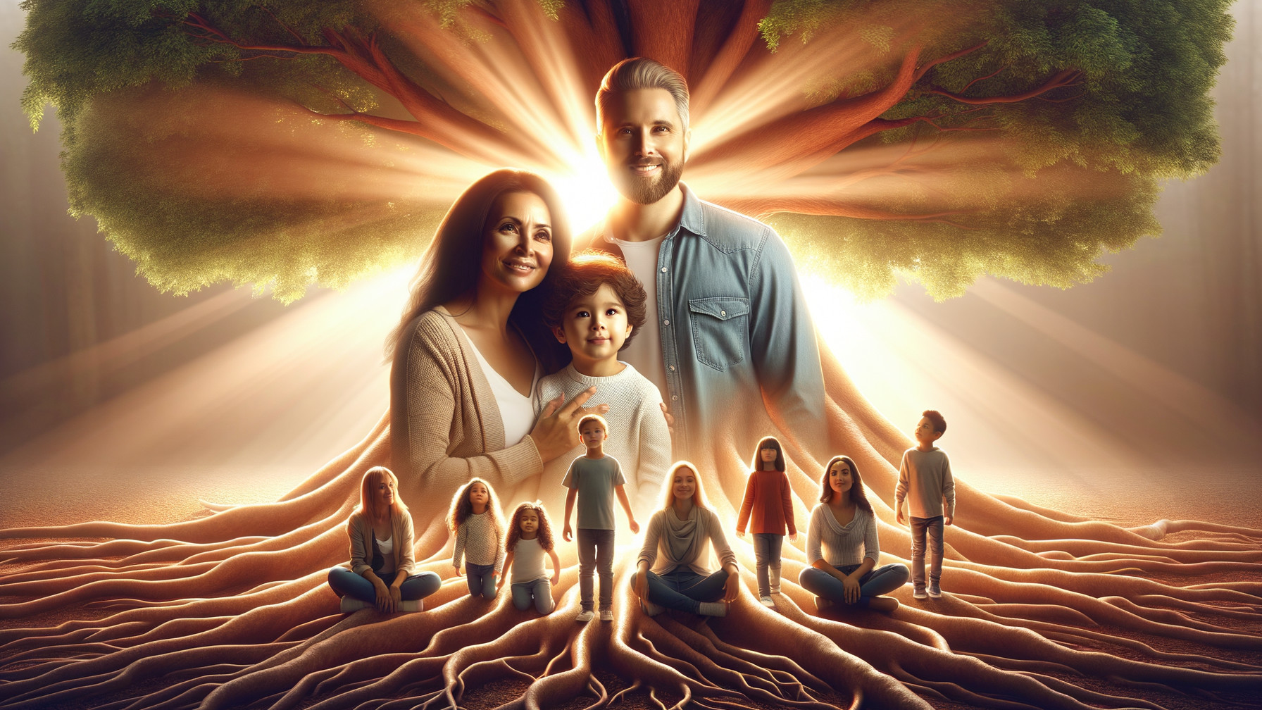Mythical tree backdrop with family and children gathering