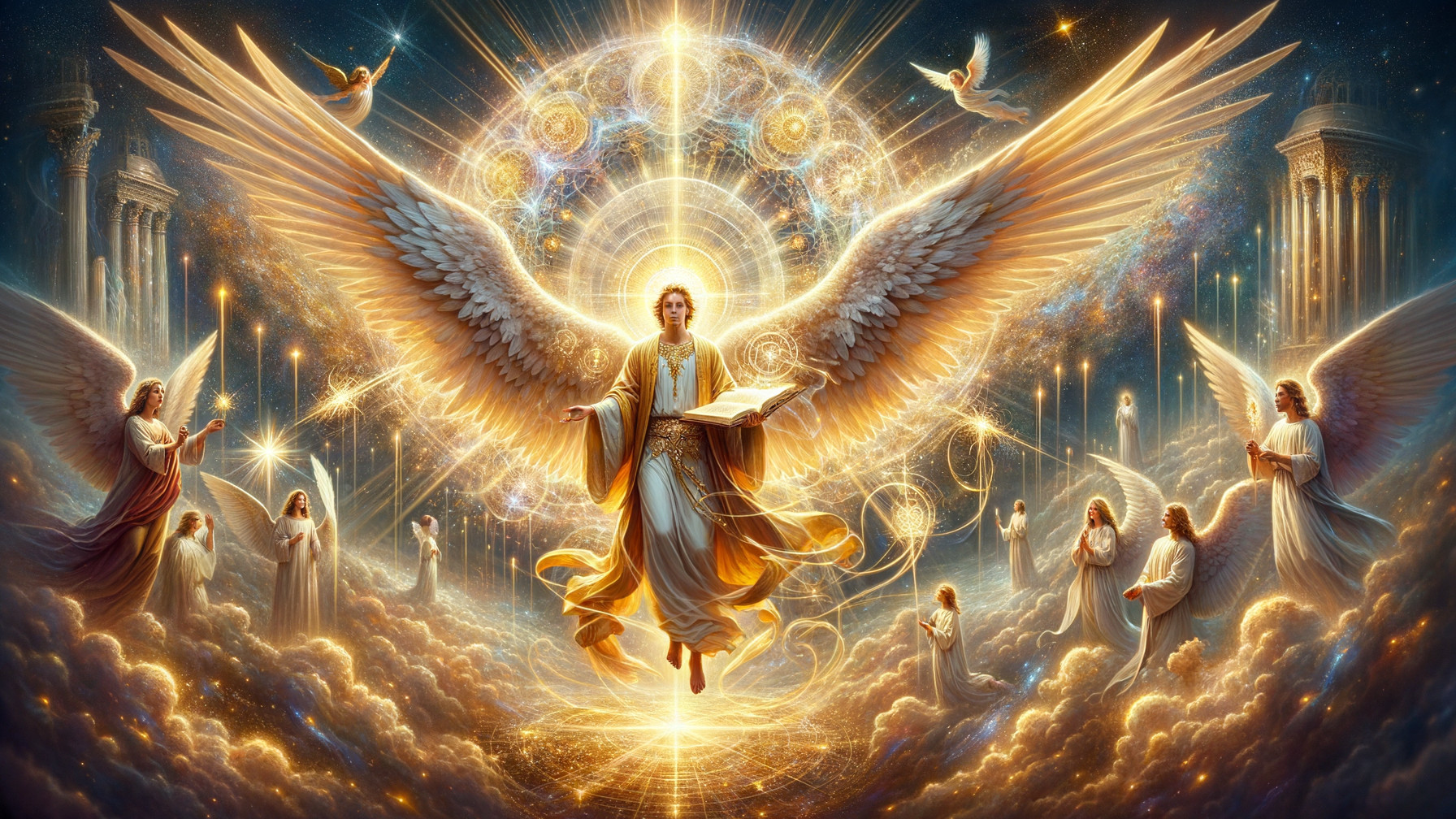 Angelic Figure with Glowing Wings in Celestial Scene