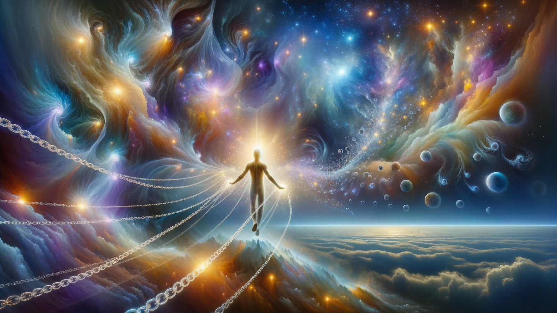 Silhouette in Cosmic Landscape with Vibrant Colors