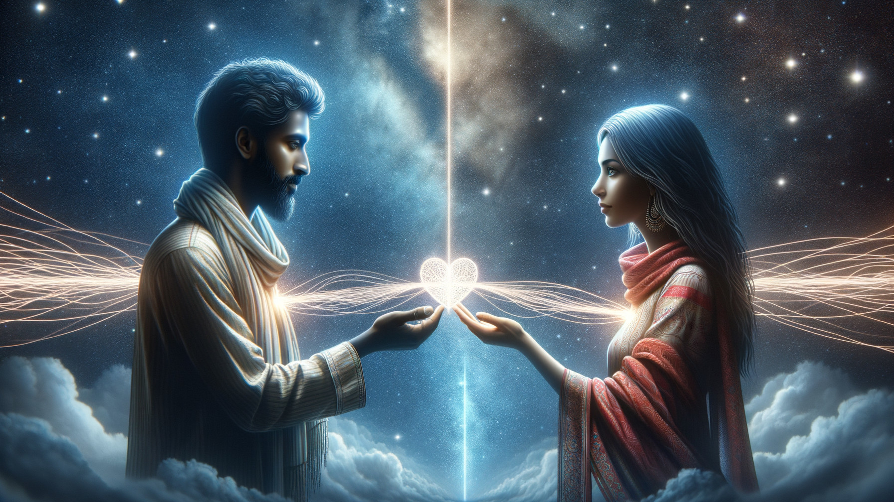 Mystical Scene of Unity with Glowing Hearts and Stars