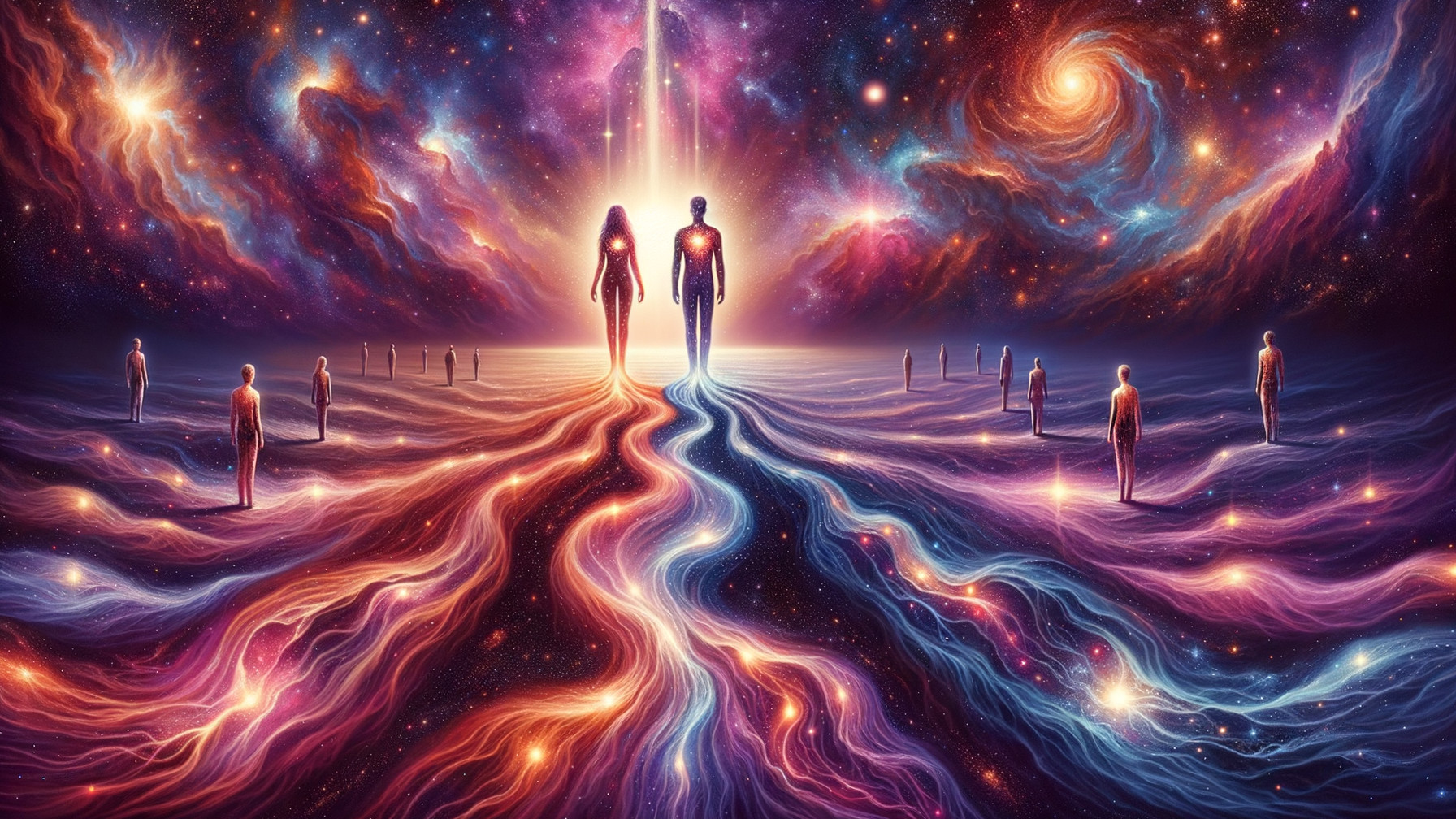 Vibrant Cosmic Scene with Galaxy and Symbolic Figures