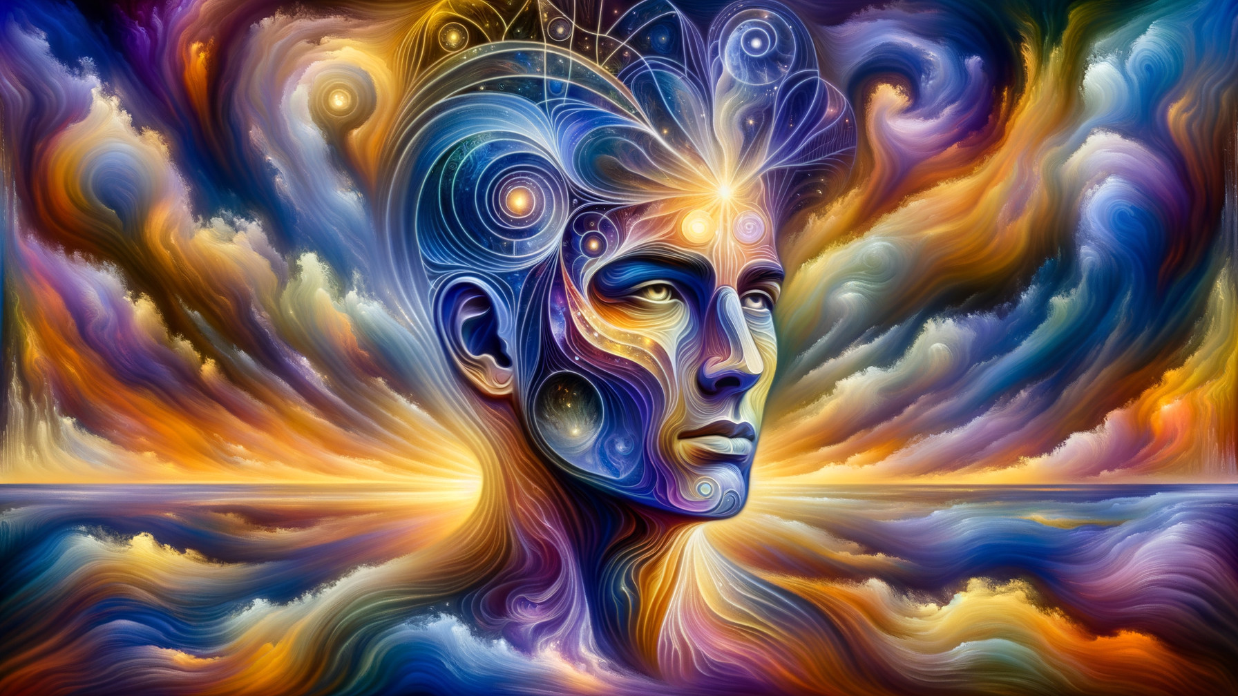 Abstract Human Head in Colorful Cosmic Swirl