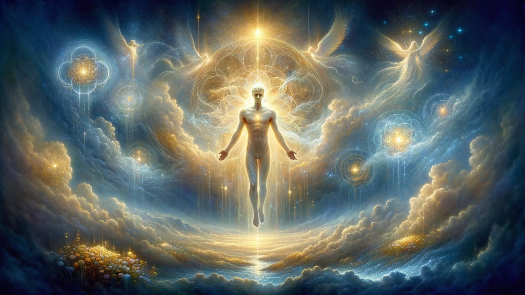 Celestial Abstract Painting with Luminous Figure and Wings