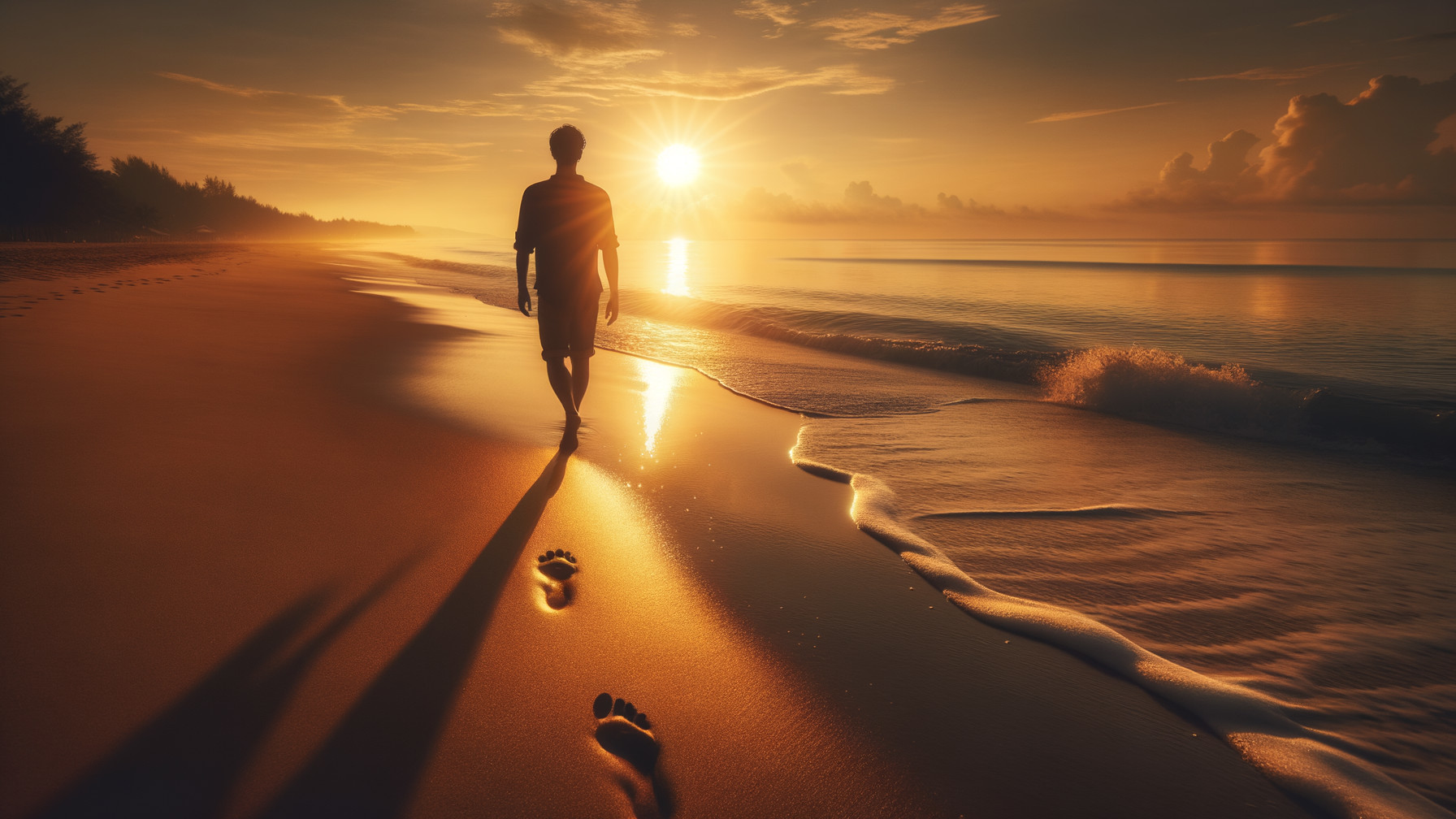 Man Walking on Beach at Sunset with Long Shadows