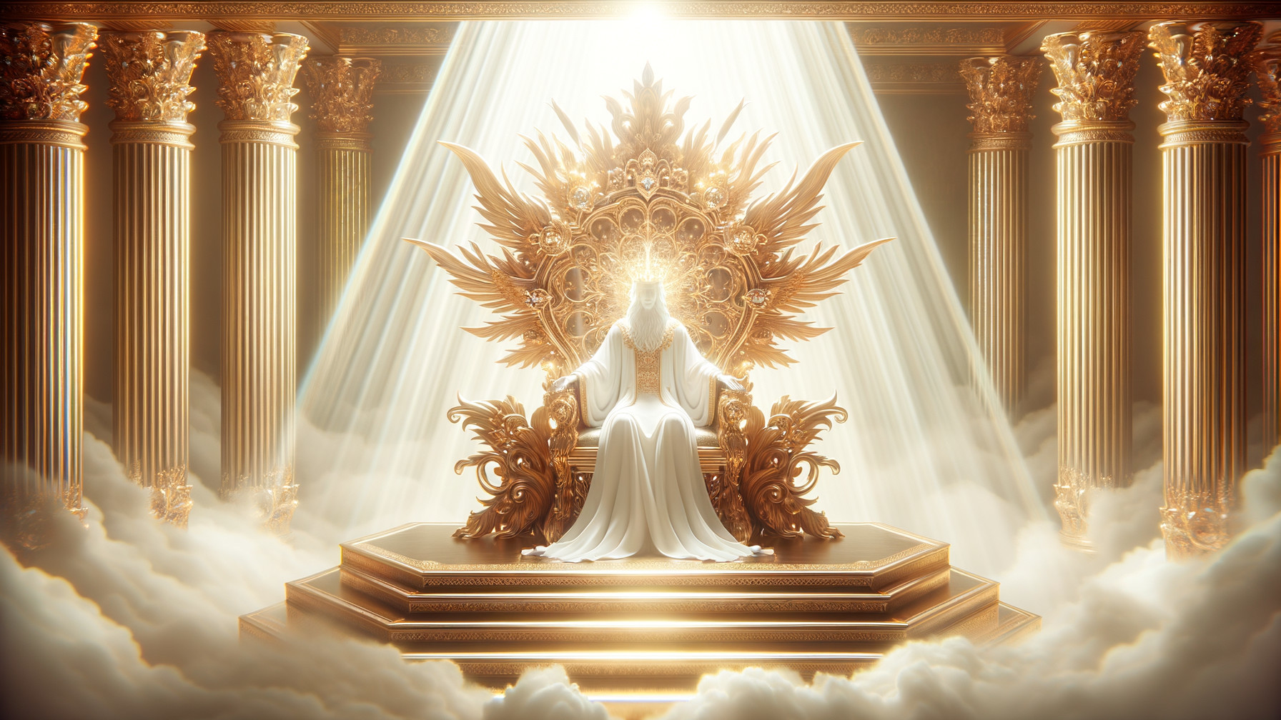 Majestic throne room with a divine figure in white