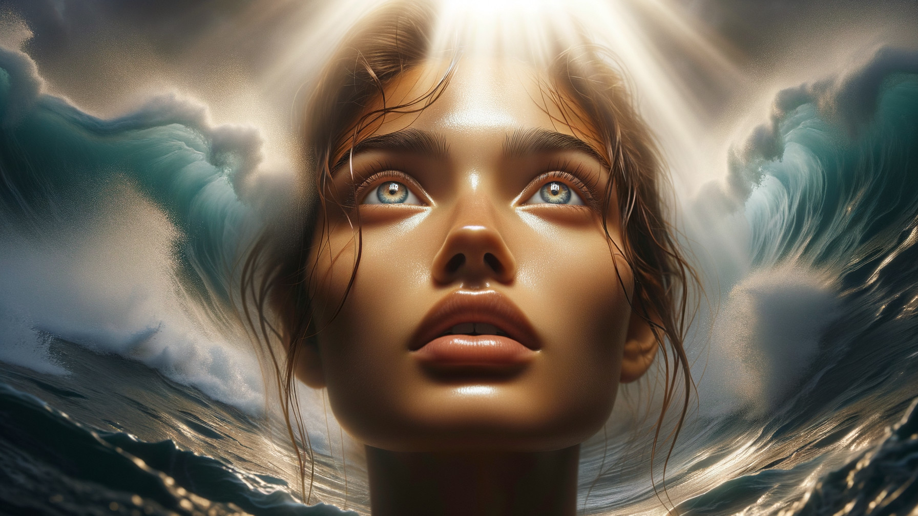 Young Woman Surrounded by Ocean Waves and Light