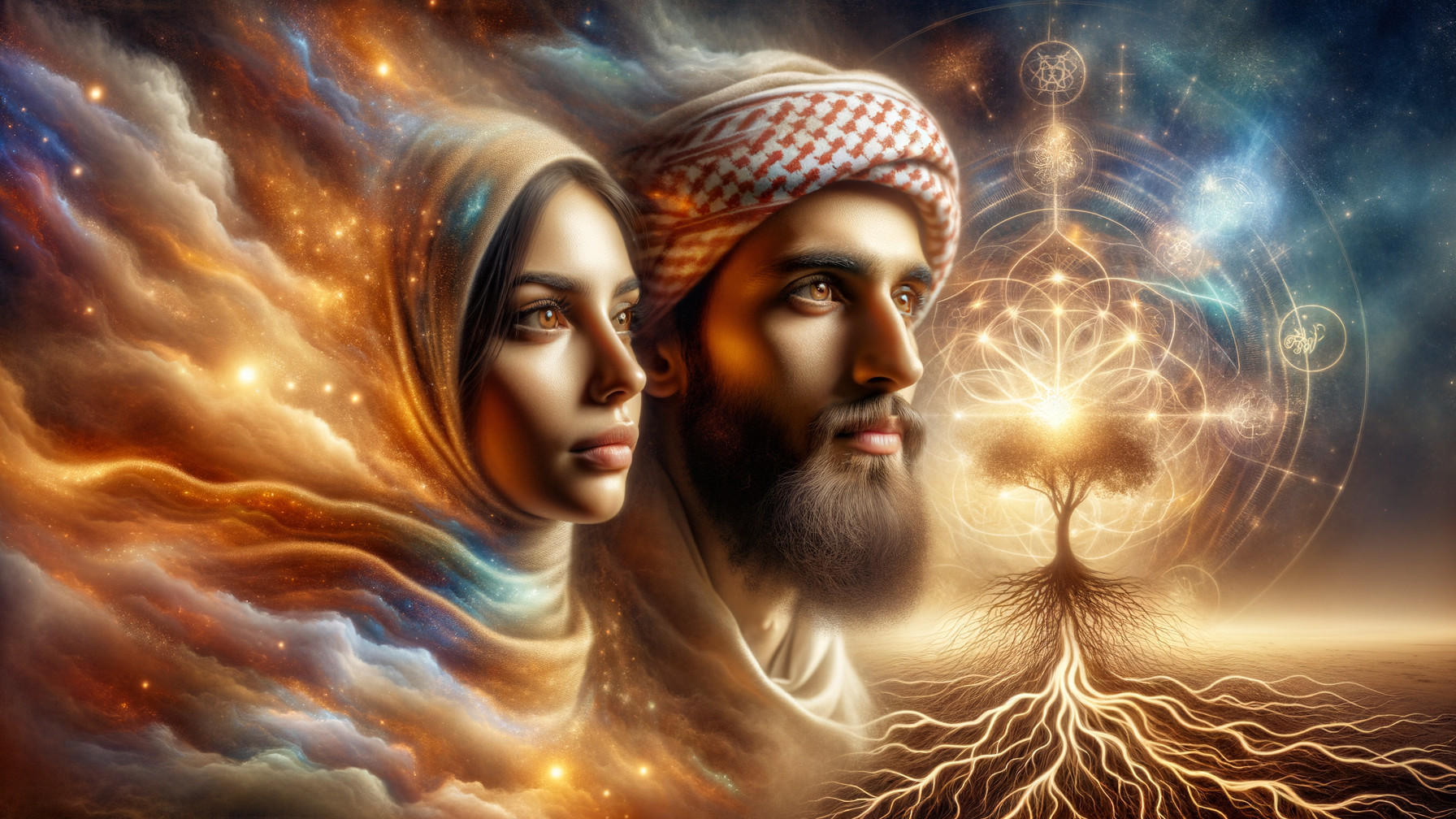 Cosmic Artwork of Man and Woman with Symbolic Tree