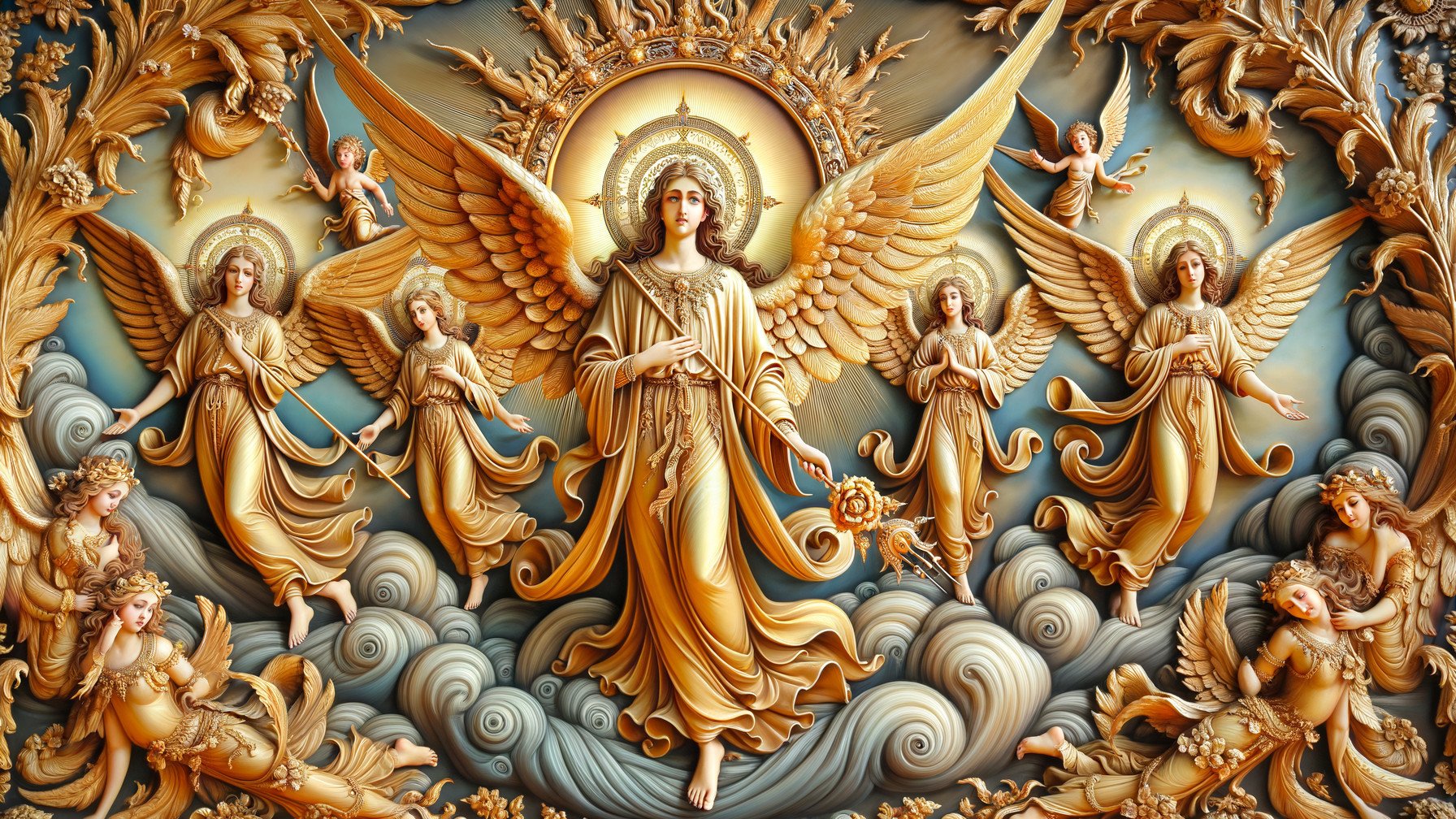 Bas Relief Sculpture of Angels and Cherubs in Gold