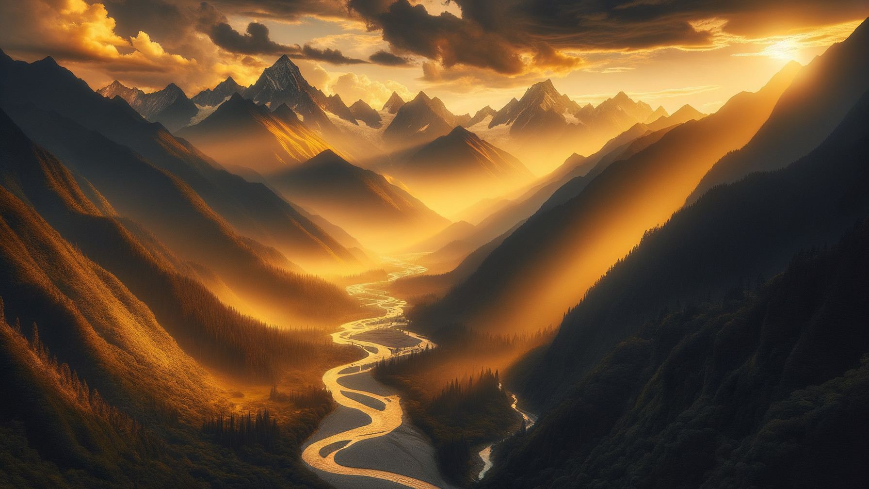 Aerial View of River in Lush Green Valley at Sunset