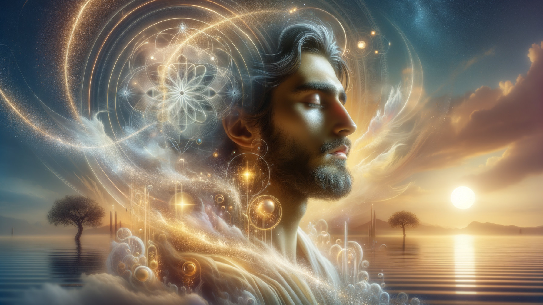Serene Figure in Dreamy Landscape with Celestial Patterns
