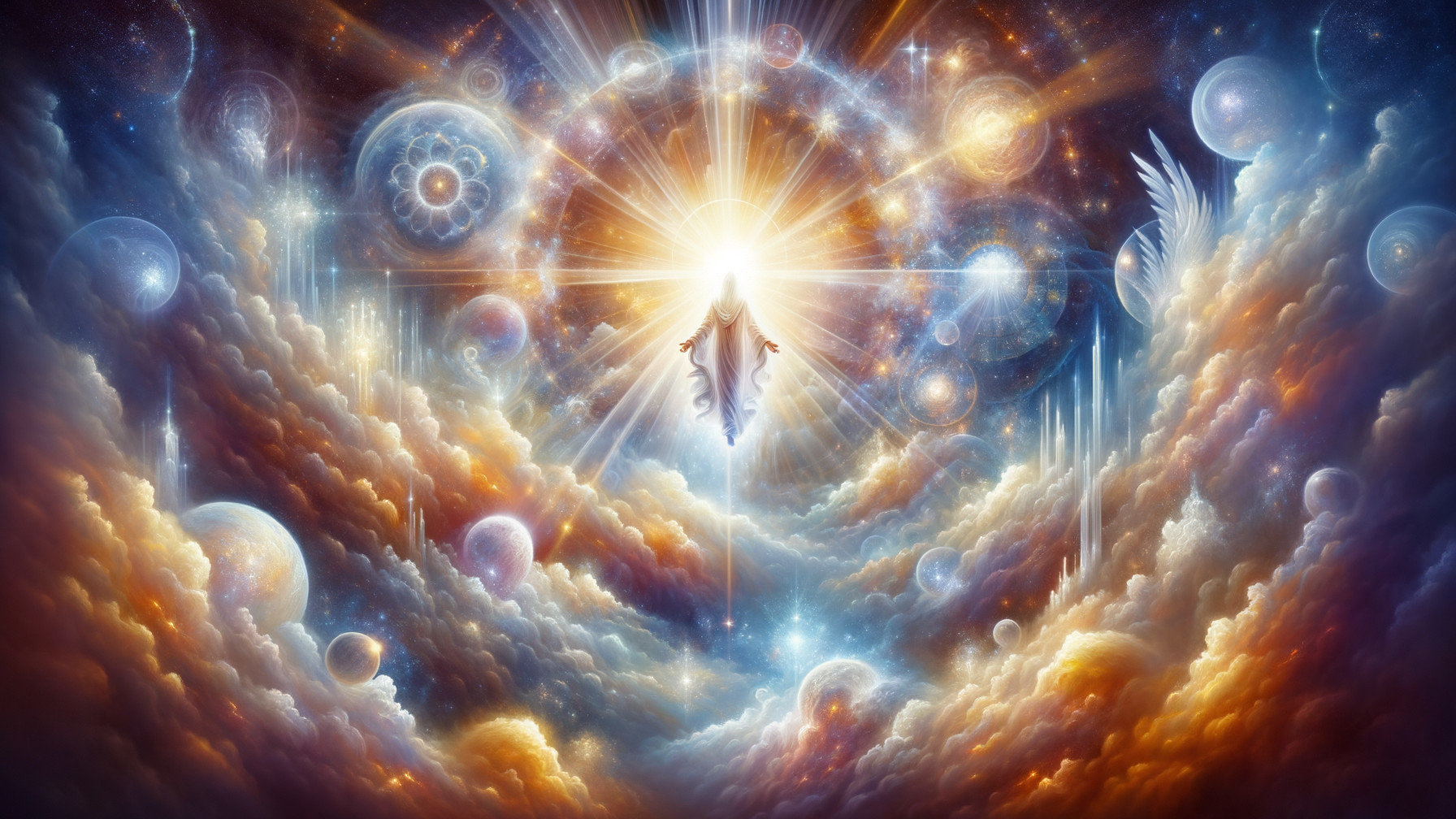 Cosmic Landscape with Radiant Figure and Celestial Bodies