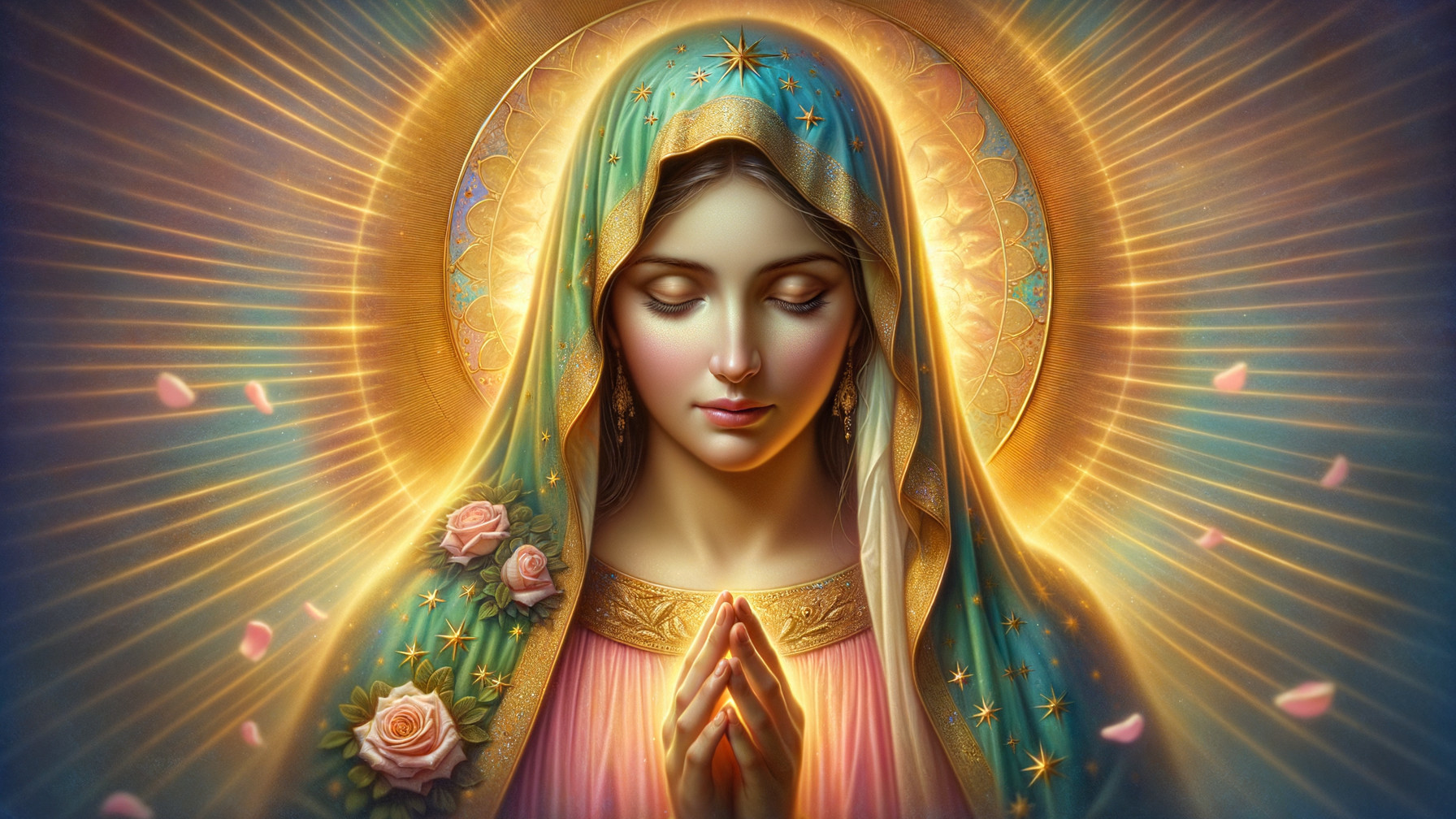 Serene Woman in Blue and Gold Robe with Halo
