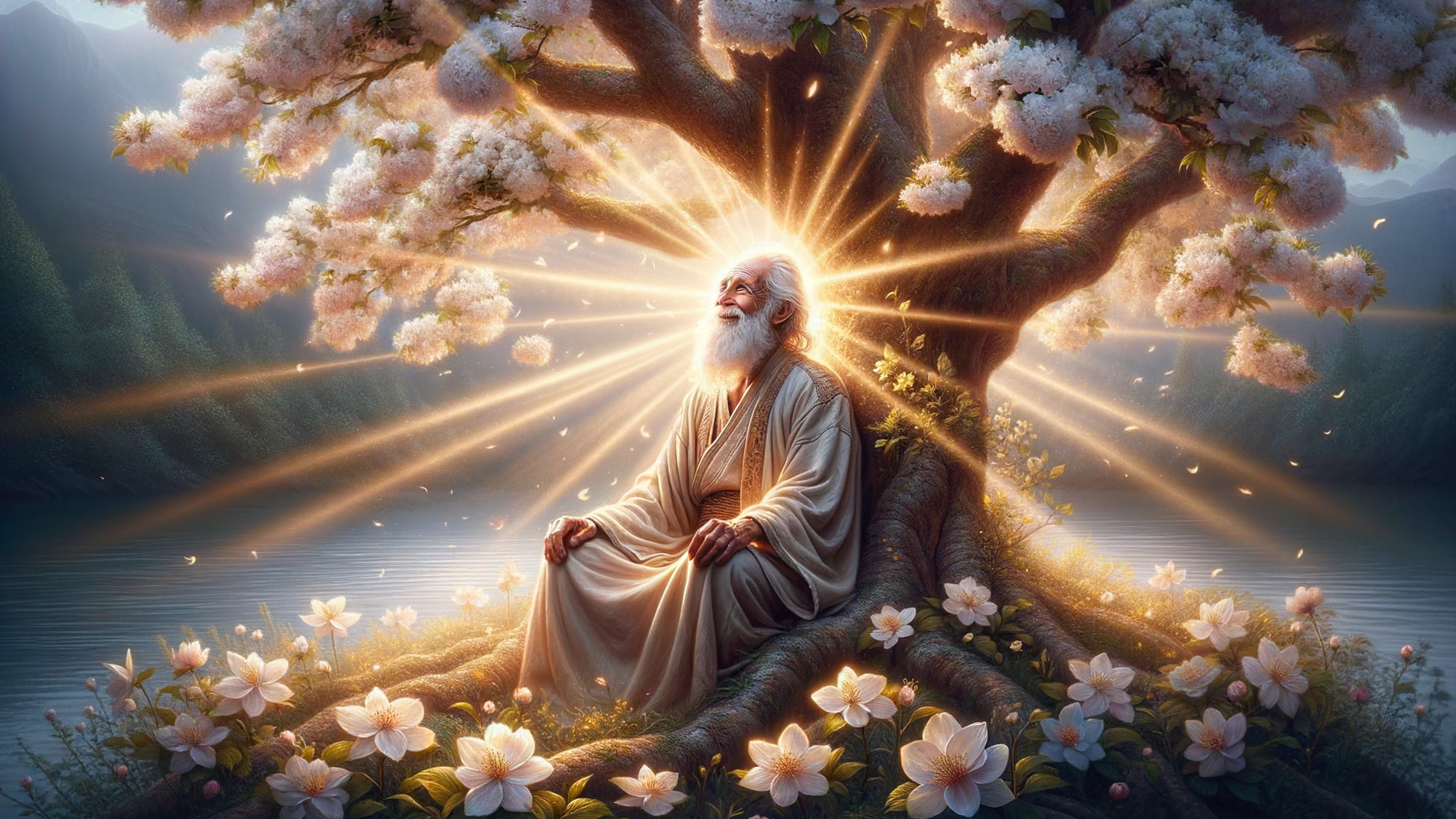 Elderly Sage Beneath Blossoming Tree in Tranquil Scene
