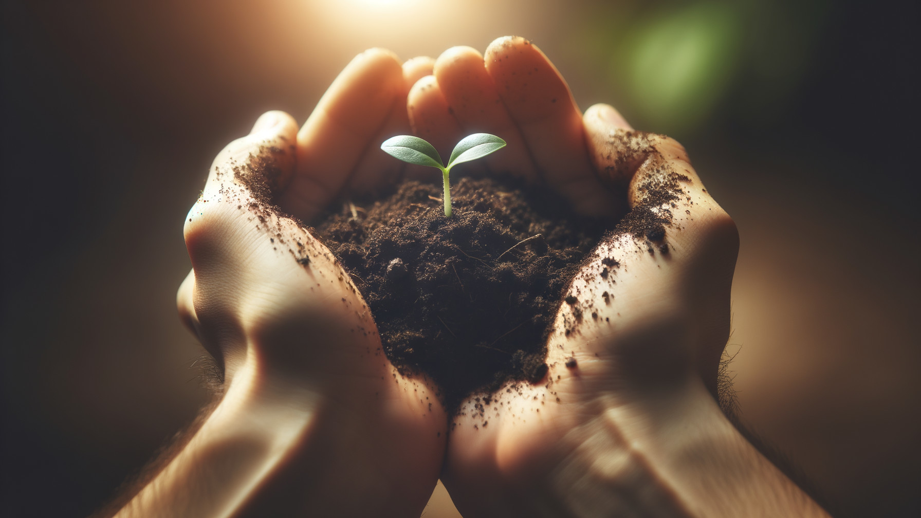 Hands Cradling a Small Plant in Dark Soil
