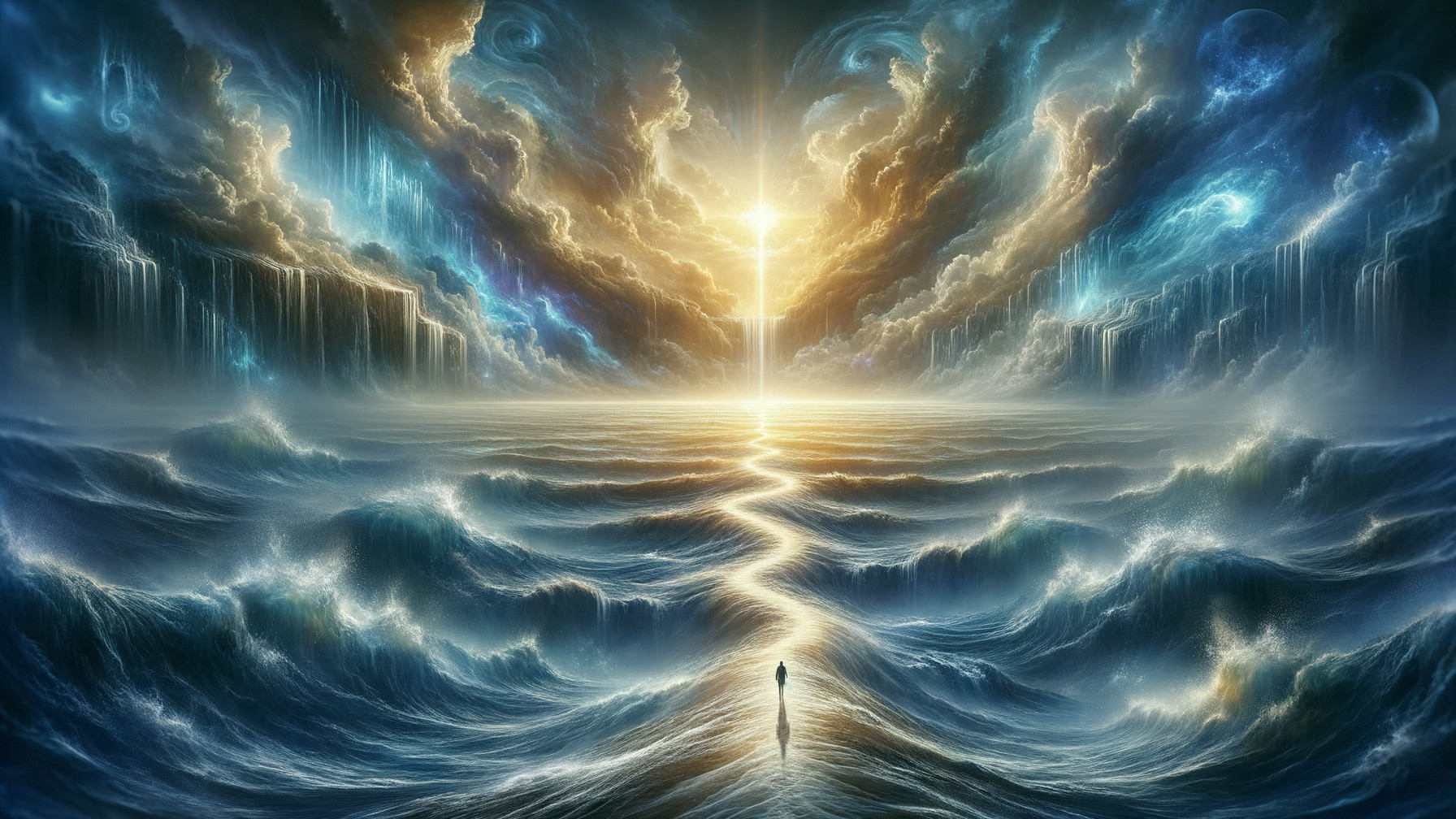 Majestic Seascape with Vibrant Sky and Waterfalls
