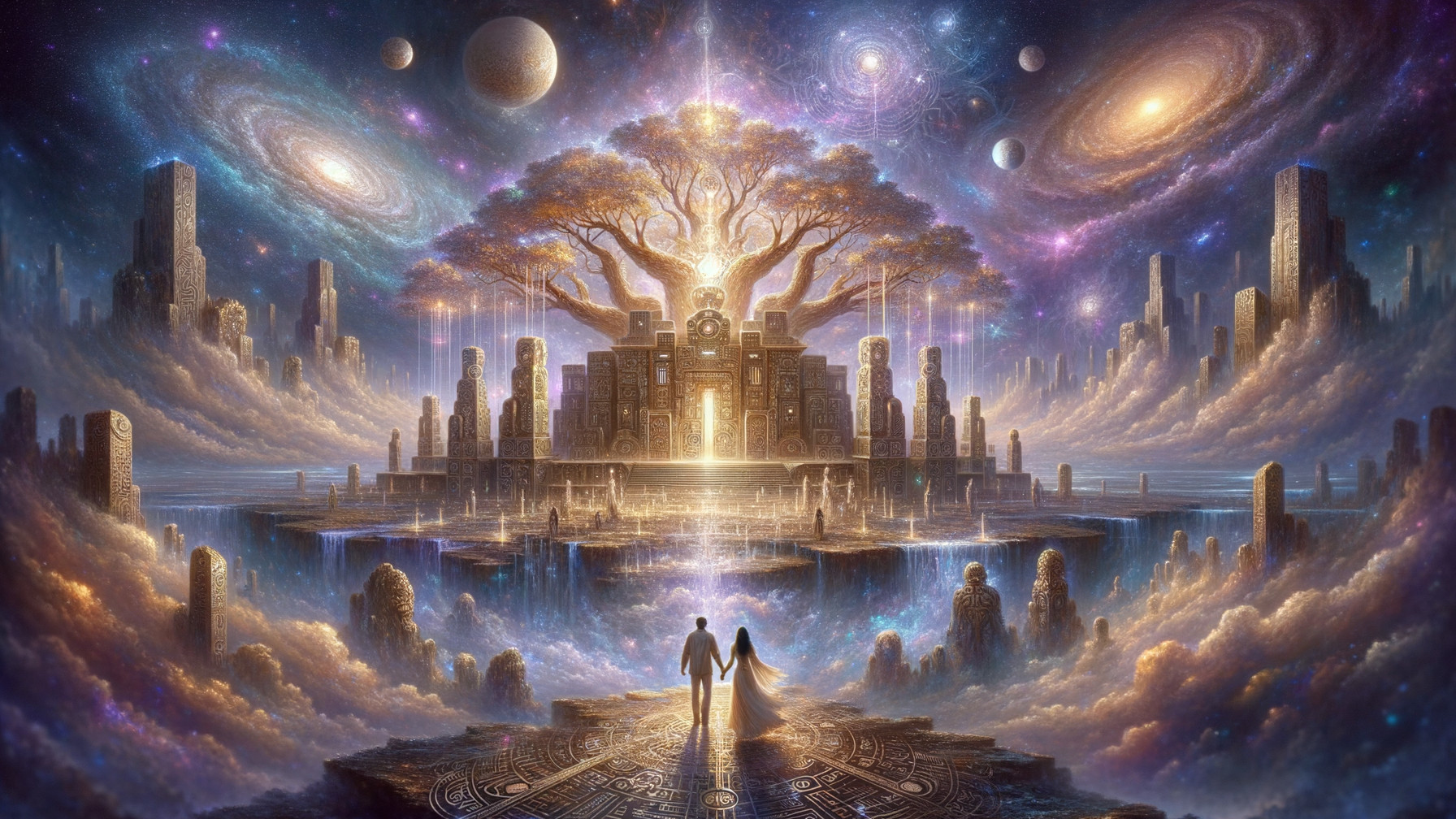 Cosmic Landscape with Majestic Tree and Ancient Structures