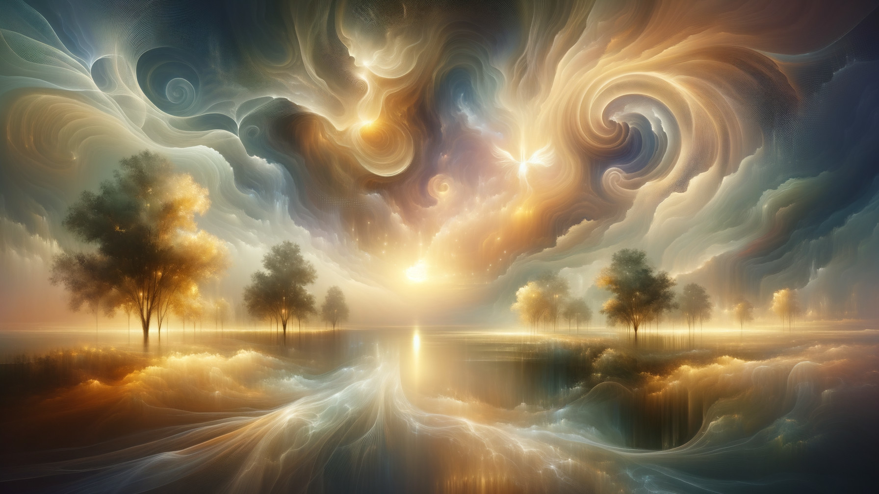 Ethereal Landscape with Vibrant Sky and Silhouetted Trees