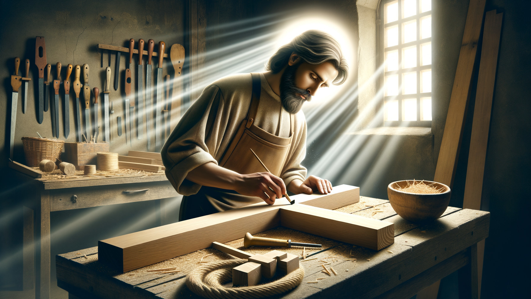 Jesus as a carpenter measuring wood in a workshop