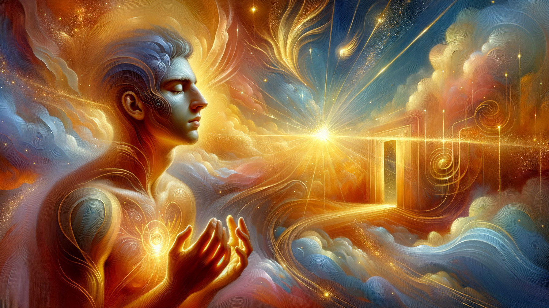 Spiritual Painting of a Serene Man in Cosmic Setting