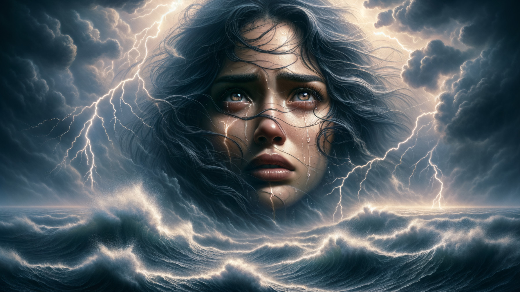 Woman's Face in Turbulent Ocean Waves and Stormy Sky