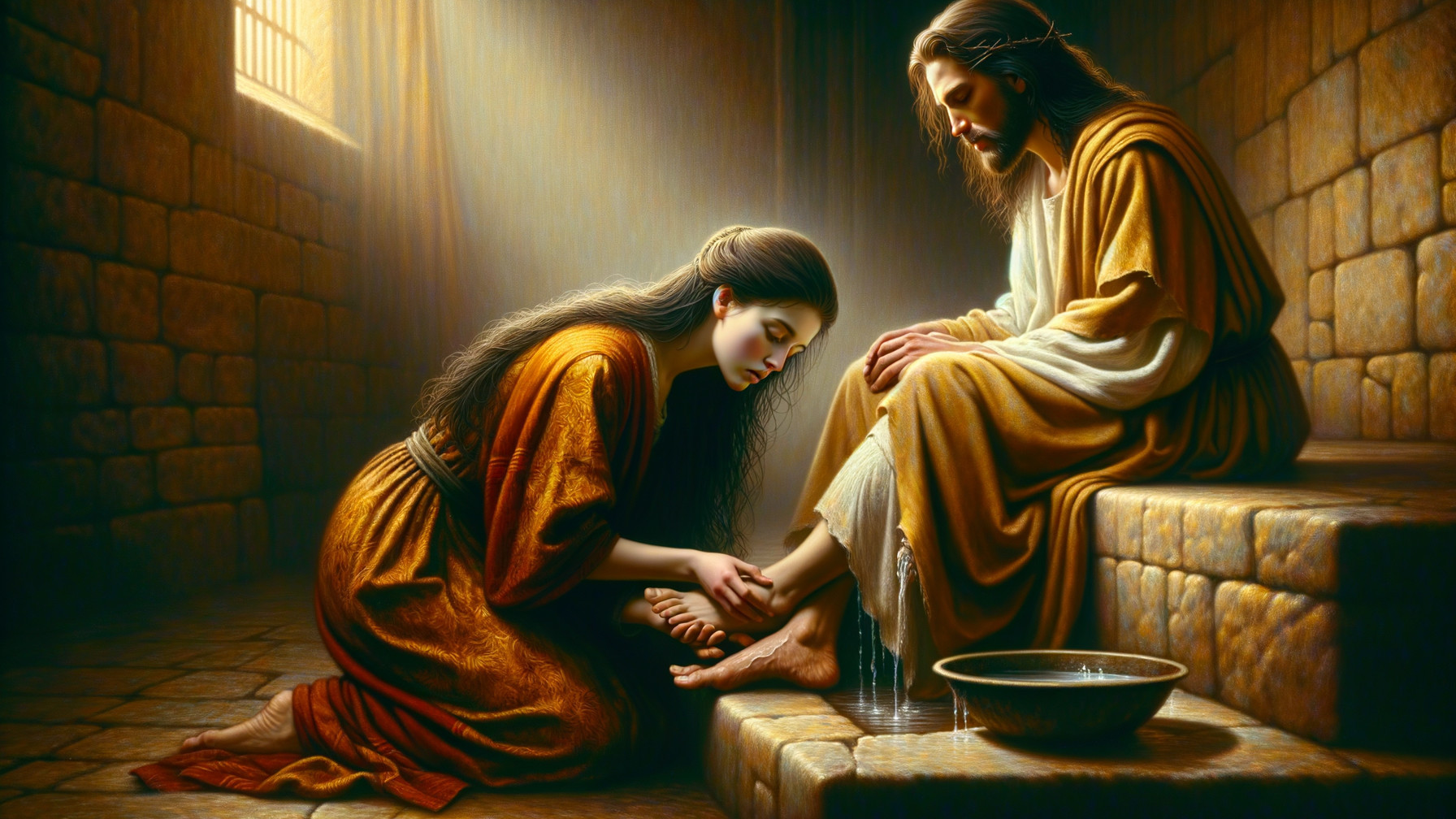 Woman Kneeling and Washing Feet in Soft Light