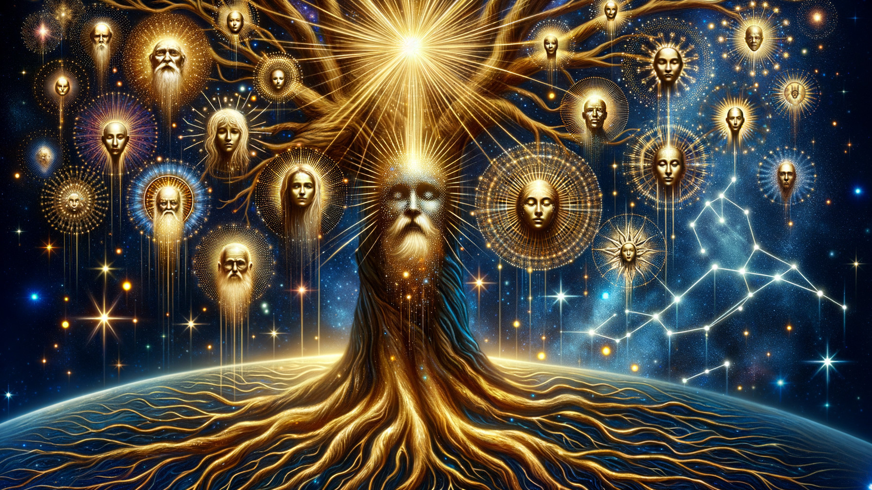 Surreal Tree with Cosmic Background and Illuminated Faces