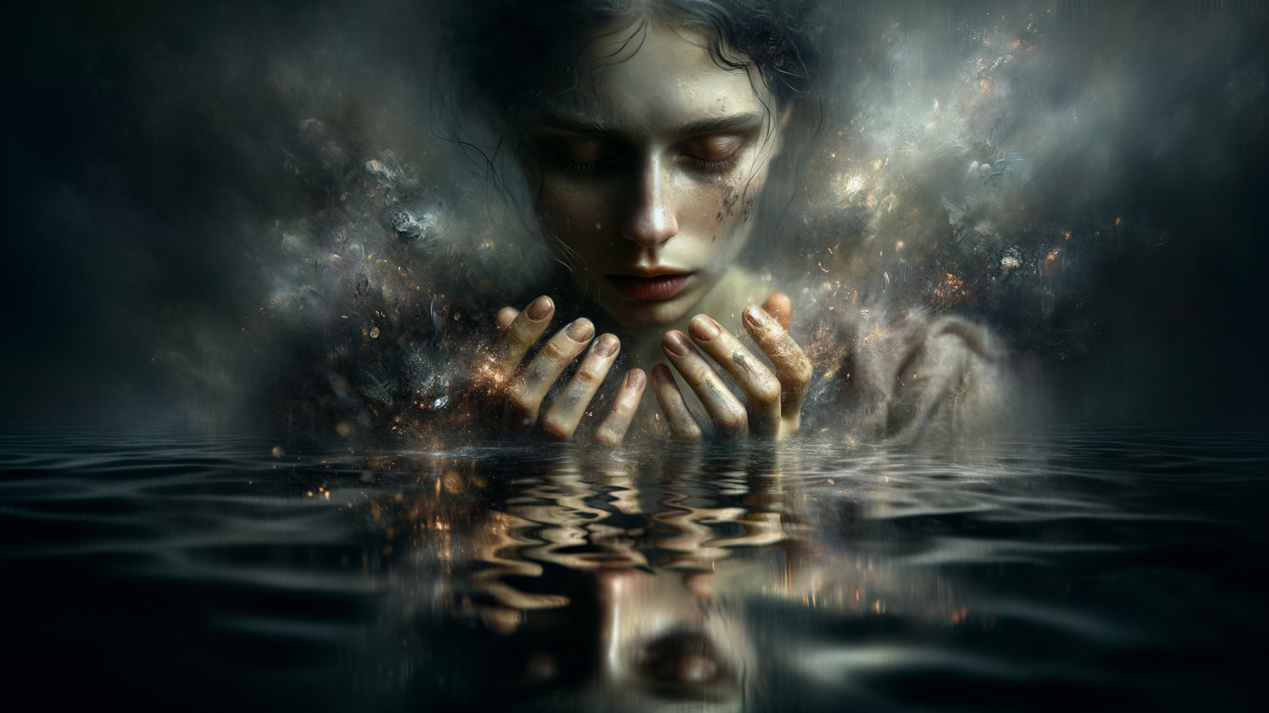 Ethereal Figure in Dark Mists with Shimmering Lights