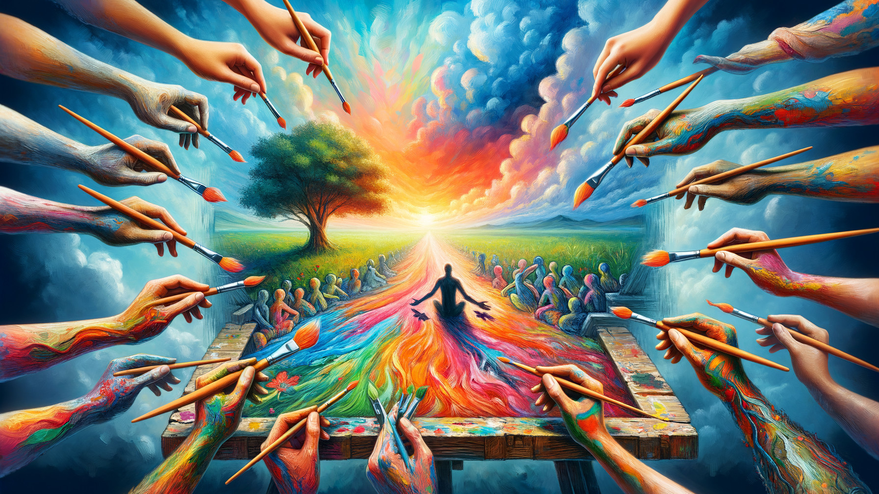 Surreal Scene of Colorful Hands and Creative Landscape