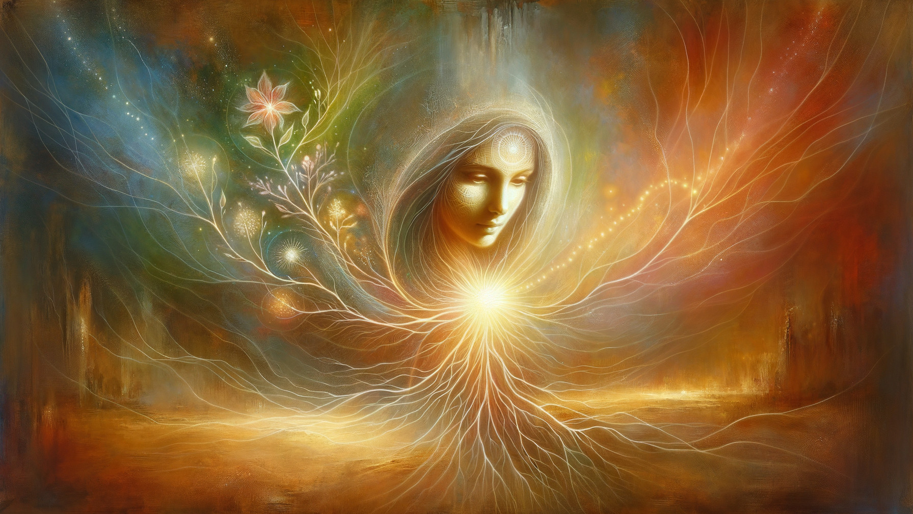 Mystical Figure with Flowing Hair and Golden Light